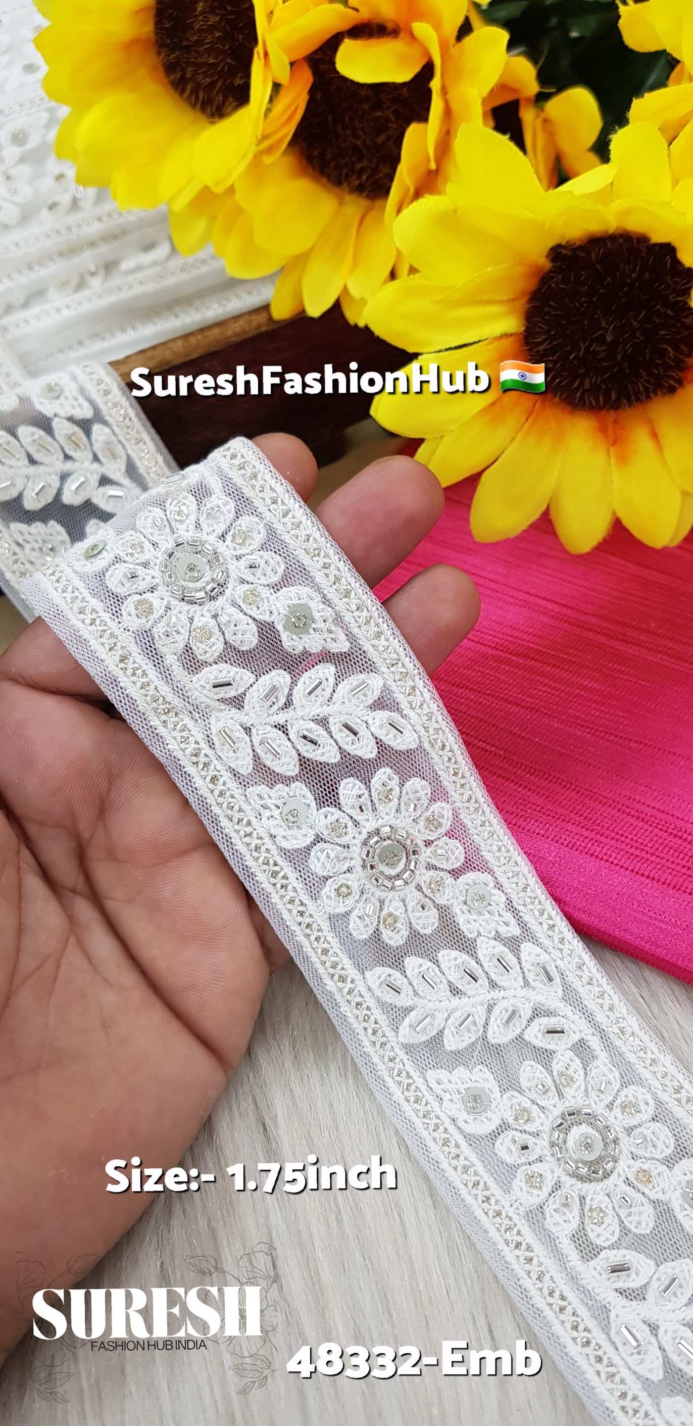 White with Water Work Floral Net Embroidery Lace – 48332-Emb