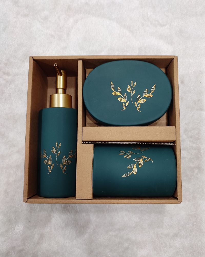 Order Happiness | Order Happiness Beautiful Design Bathroom Accessories Set of 3, 1 Soap Dispenser, 1 Soap Tray, 1 Toothbrush Holder Ceramic Bathroom Set - Dark Green (Pack of 3) 0