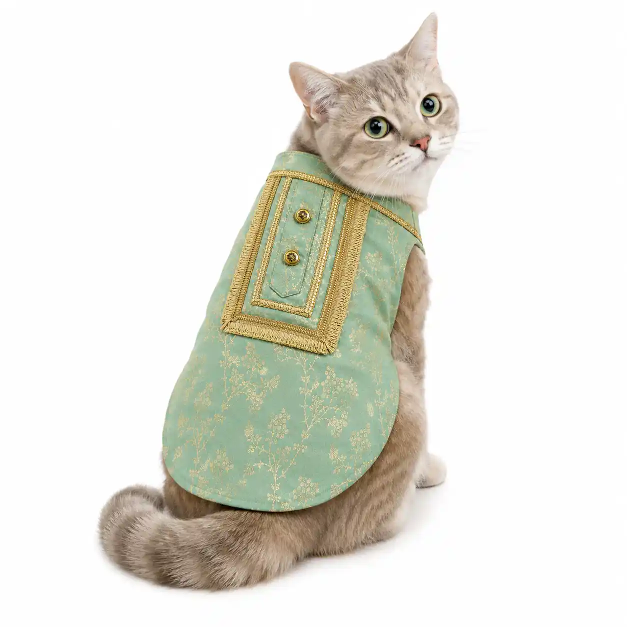 Pawsindia Traditional  Royal Zari Kurta for Cats - Ice Blue
