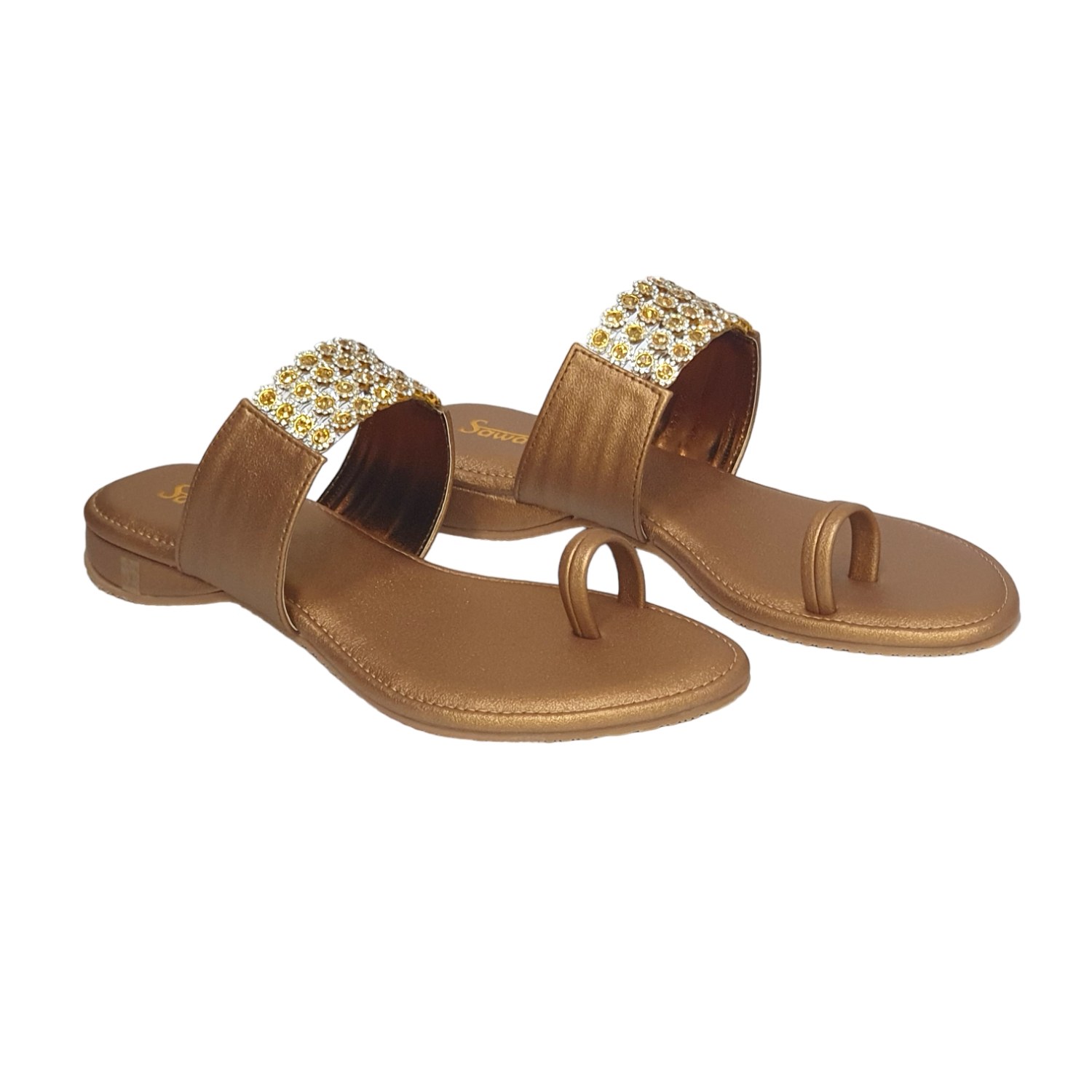 Elegant Antique Gold Embellished Toe-Ring Flats - Stylish Sandals for Women | SawadiMart