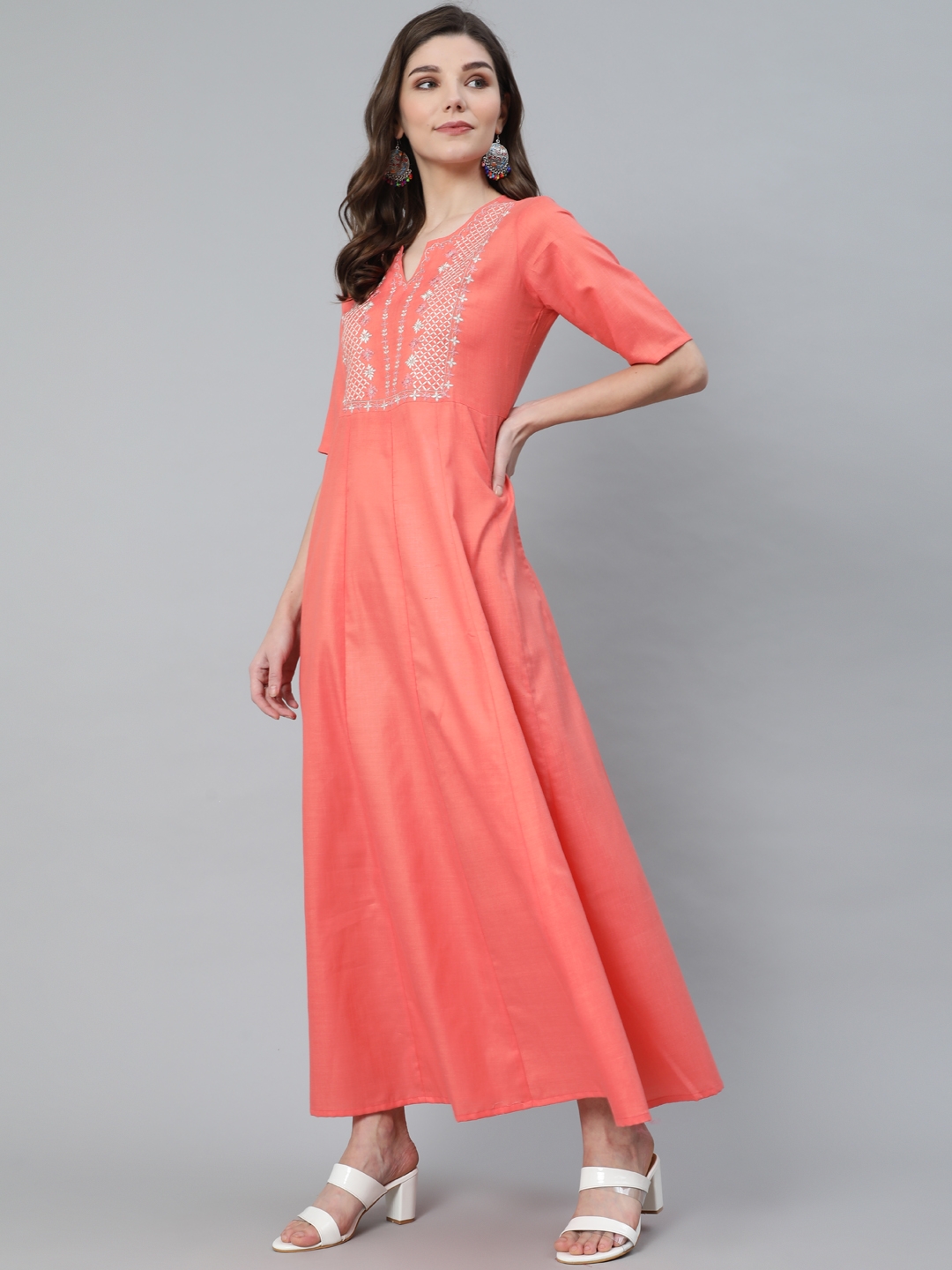 Peach Embroidered Sleeveless Flared Maxi