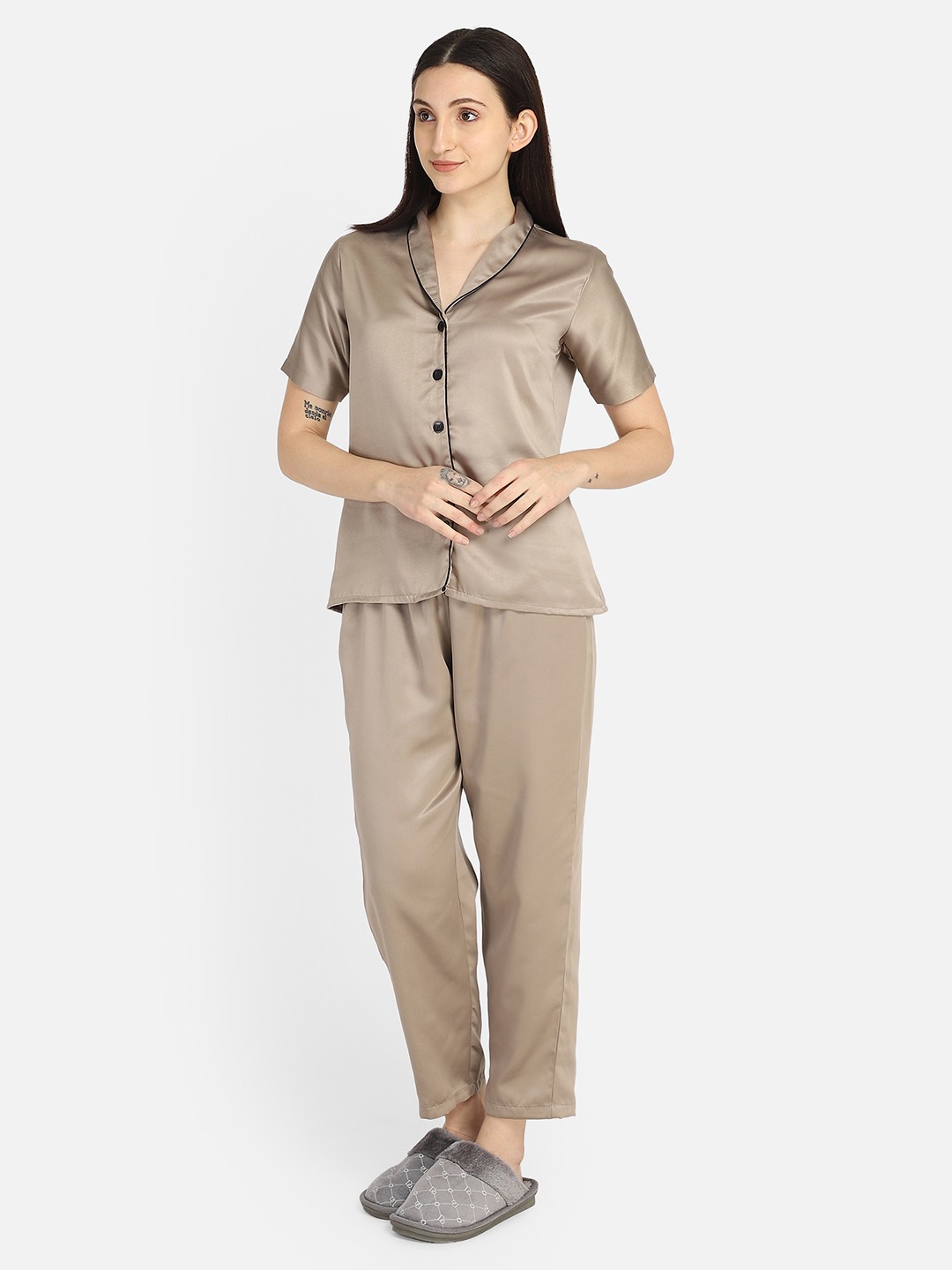 Smarty Pants women's silk satin chocolate brown color shawl collar night suit.