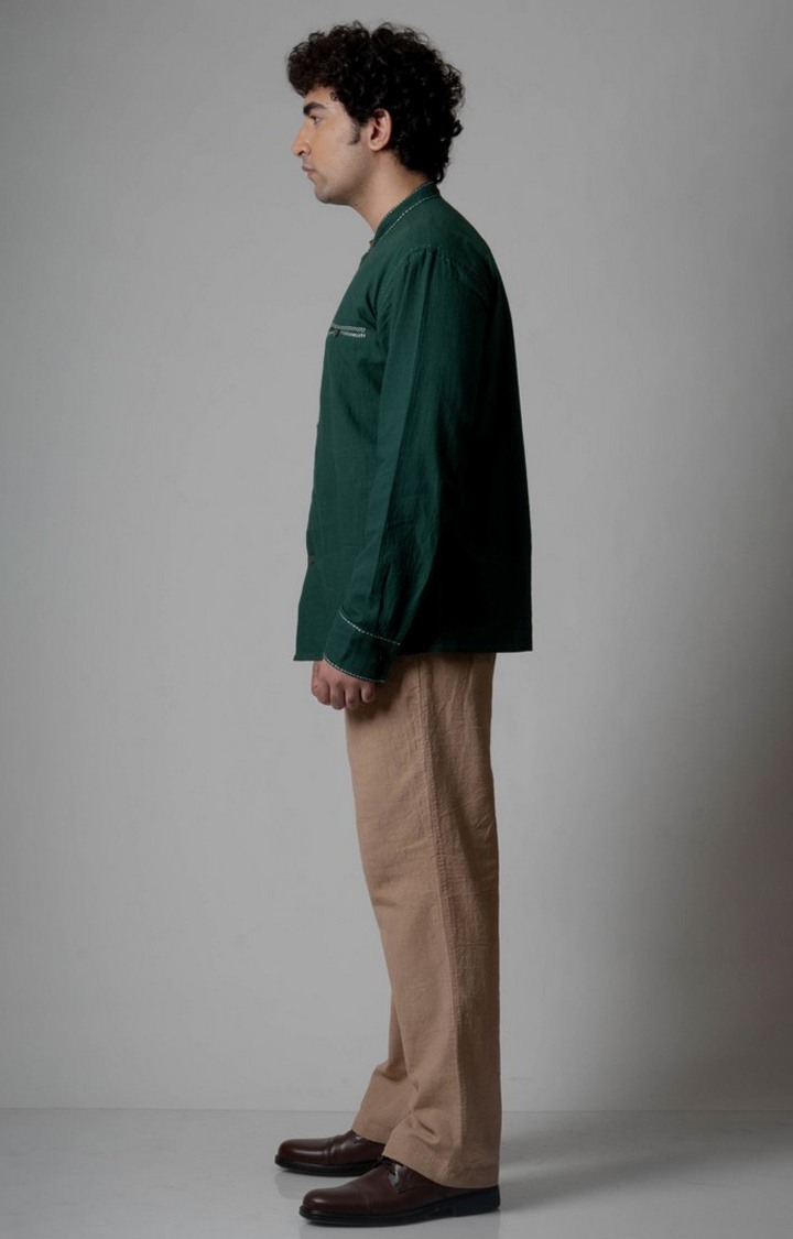 Men's Beige Cotton Solid Trouser