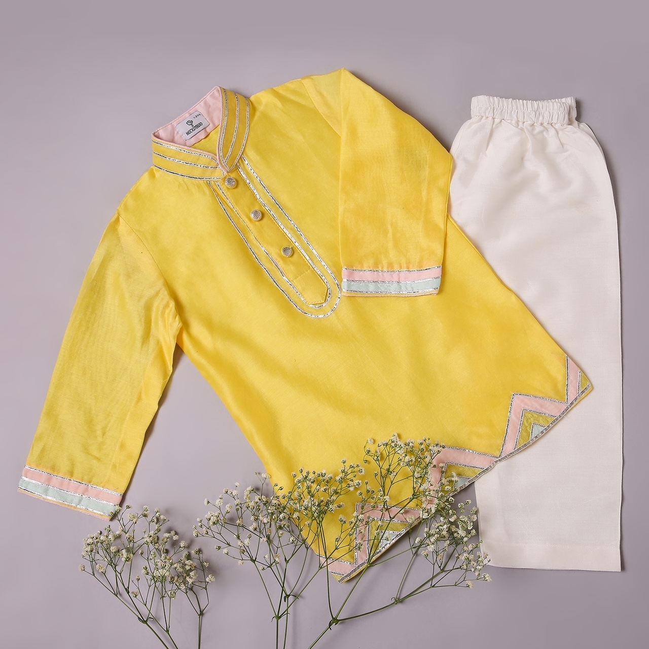 BRIGHT YELLOW KURTA WITH PINK AND BLUE PATCH WRK