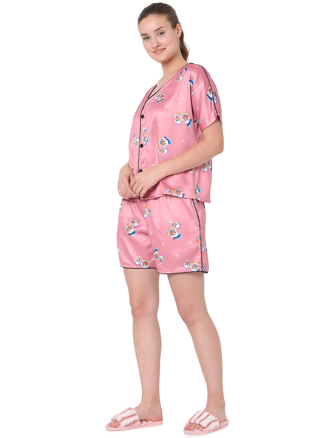 Smarty Pants women's silk satin mauve pink color cartoon print shorts & shirt night suit. 