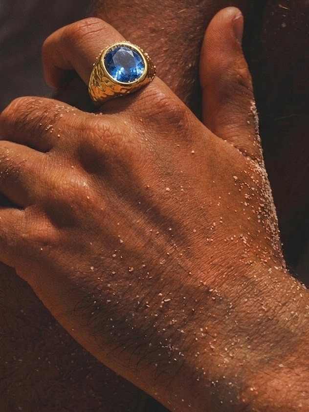 Gold Plated Blue Stone Dome 92.5 Sterling Silver Men's Ring