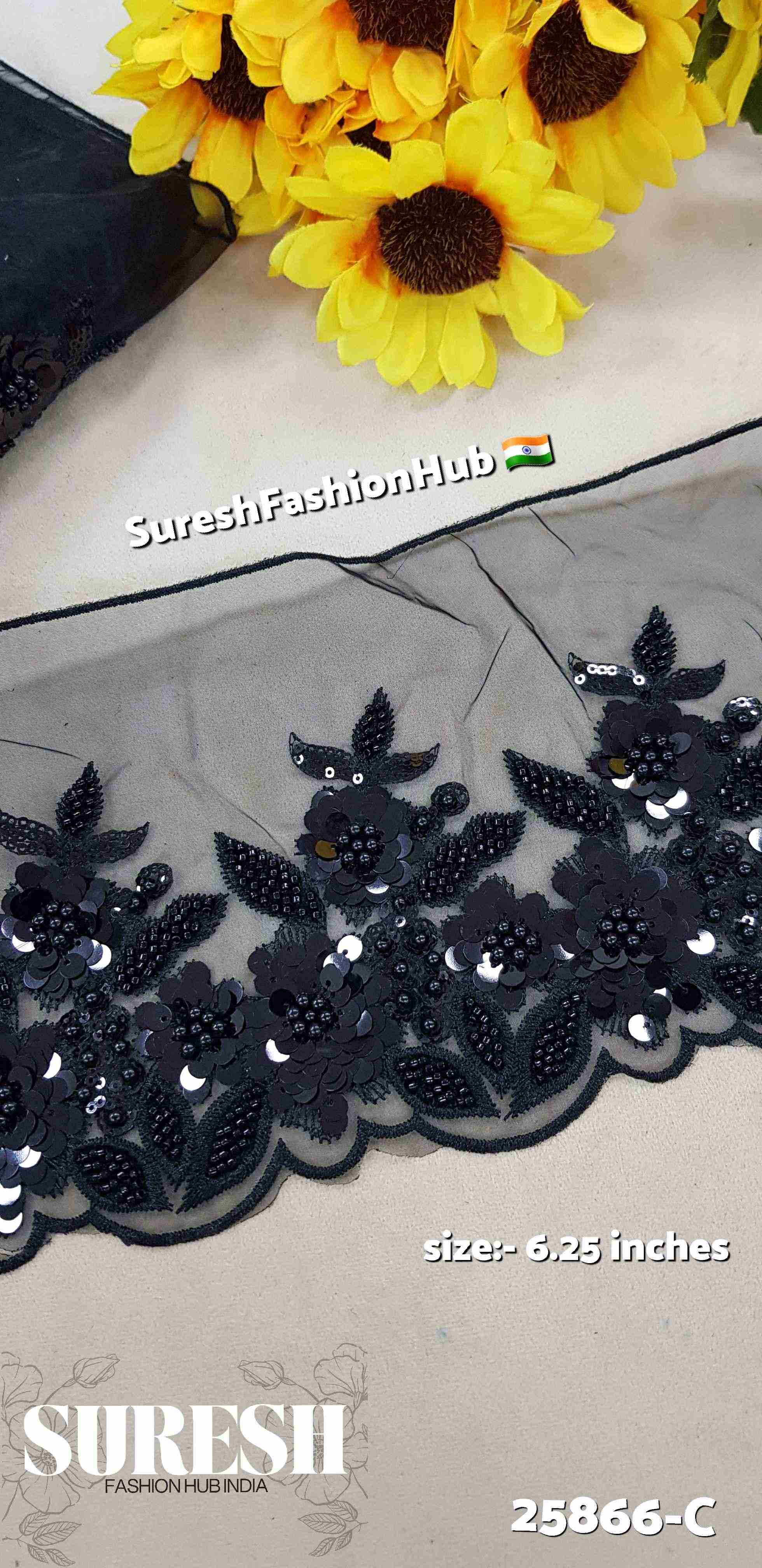 Black Imported Floral Scallop Organza Lace