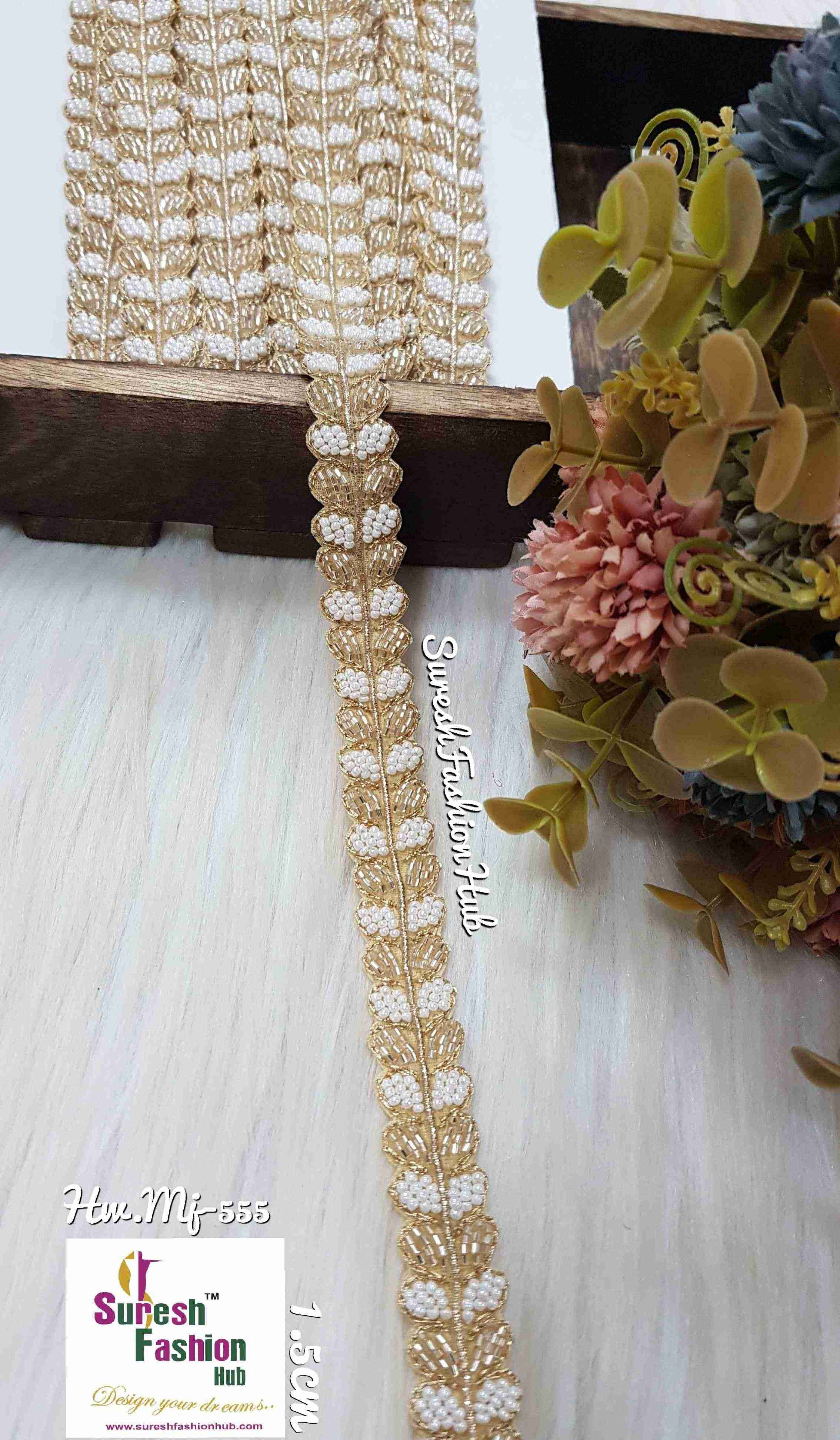 Royal Ivory Beaded and Gold Cutdana  Handwork Borders