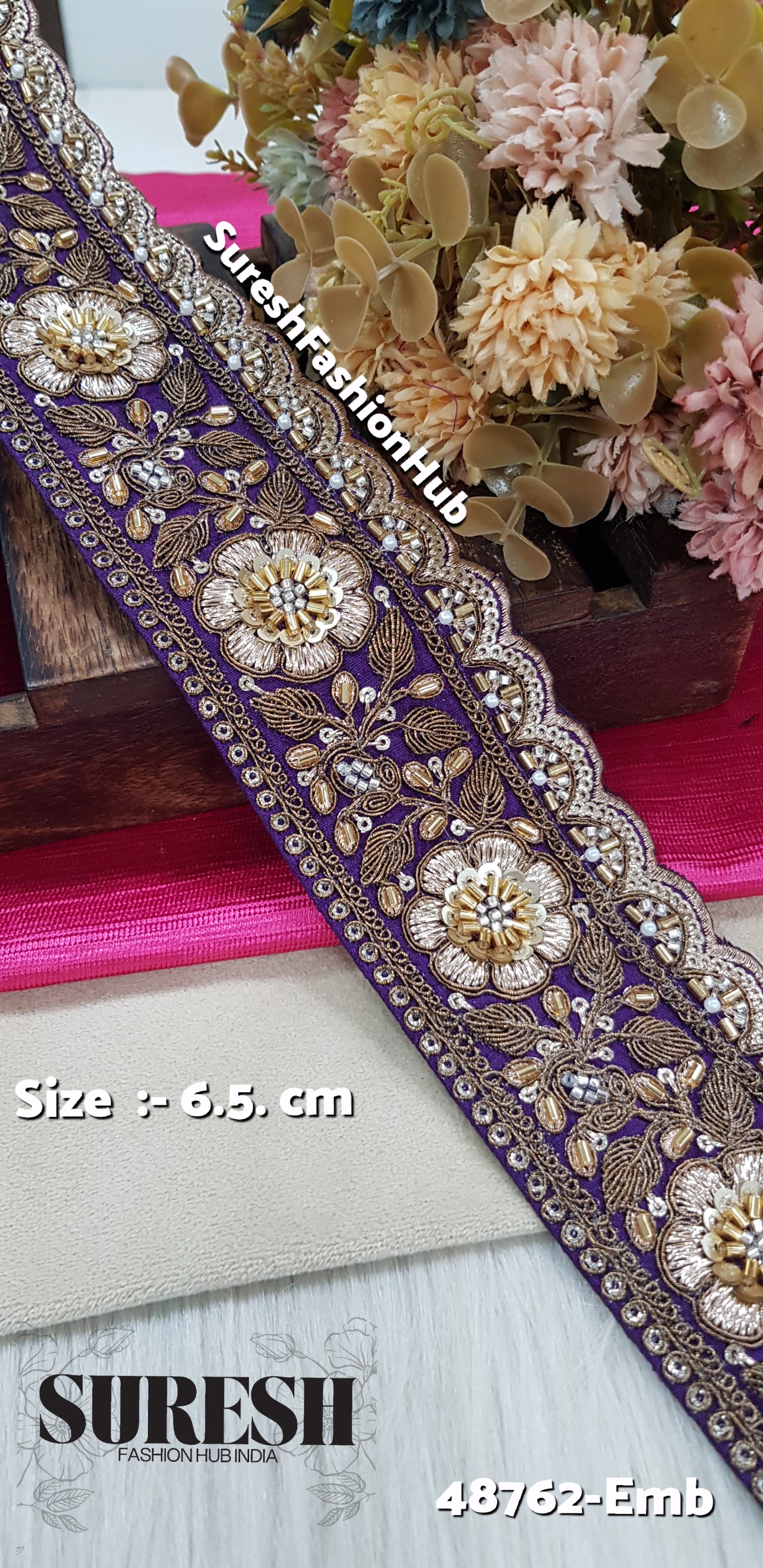 Wine Bloomshine Machine Hand Embroidery Border – 48762-Emb