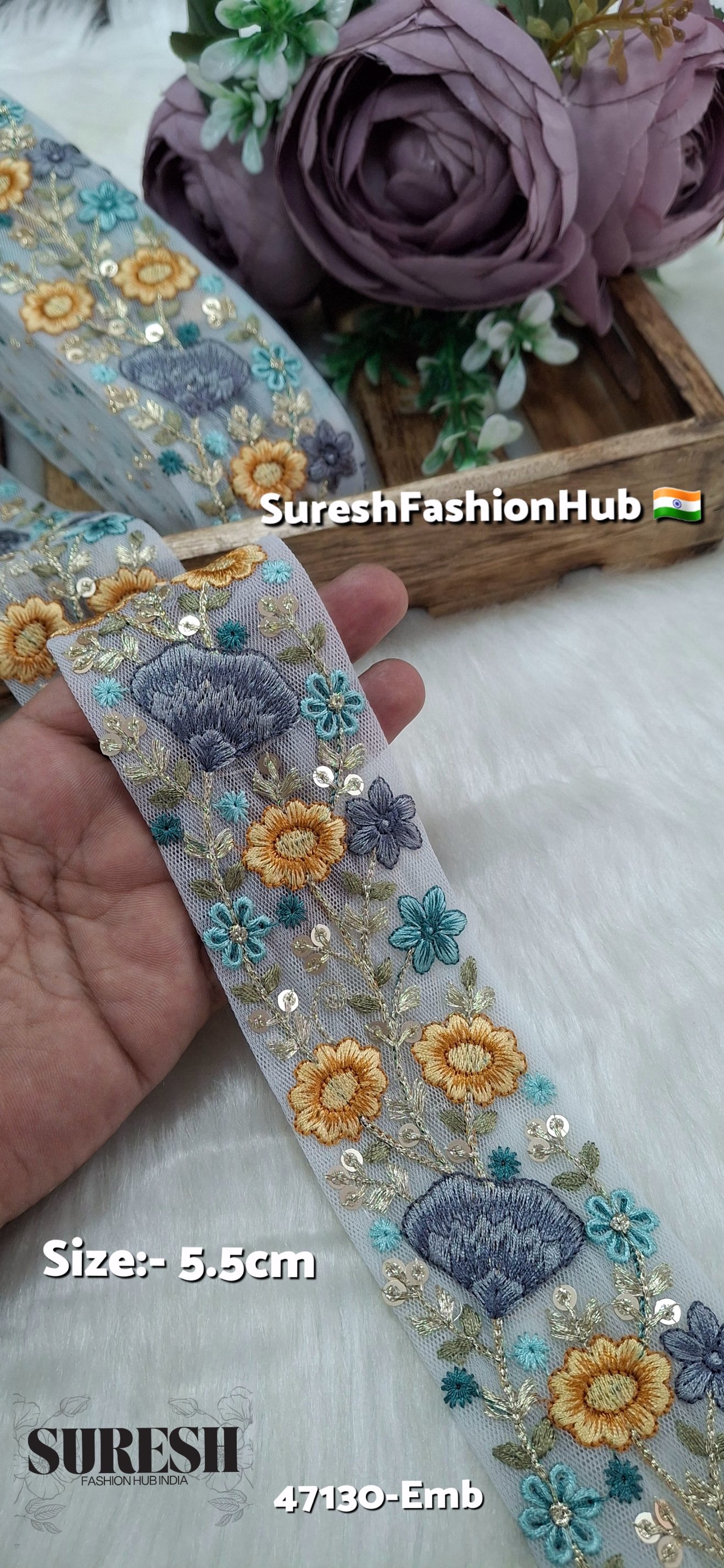 Offwhite Net Multi-Thread Floral Embroidery Lace