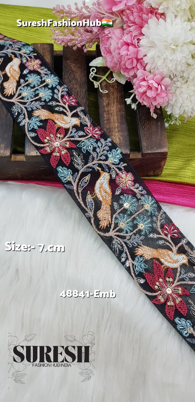 Black Twin Bird Floral Embroidery Lace – 48841-Emb