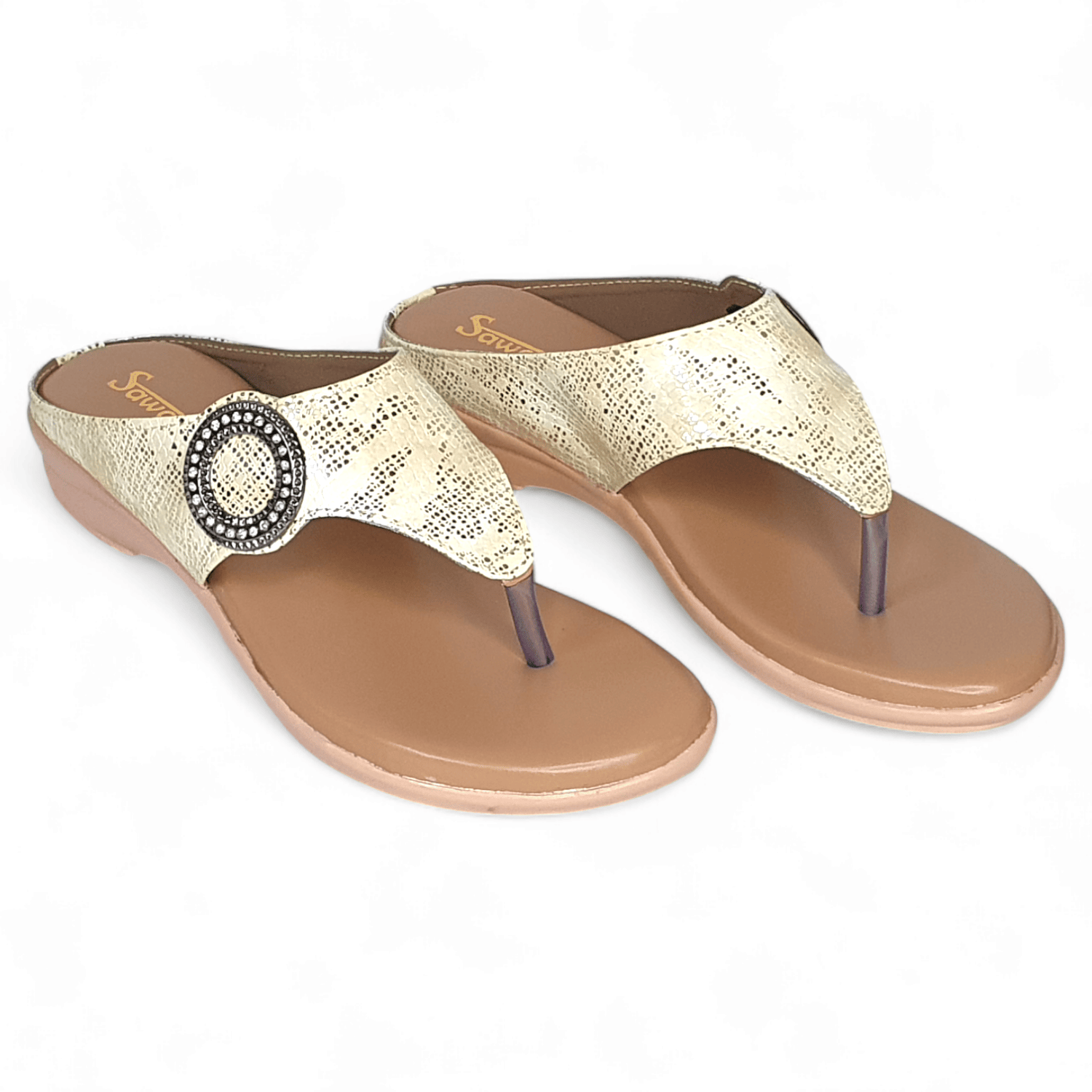 Sawadi Women’s Cream-Gold Textured Wedge Sandals | Elegant Slip-On Chappals with Designer Ring Detail