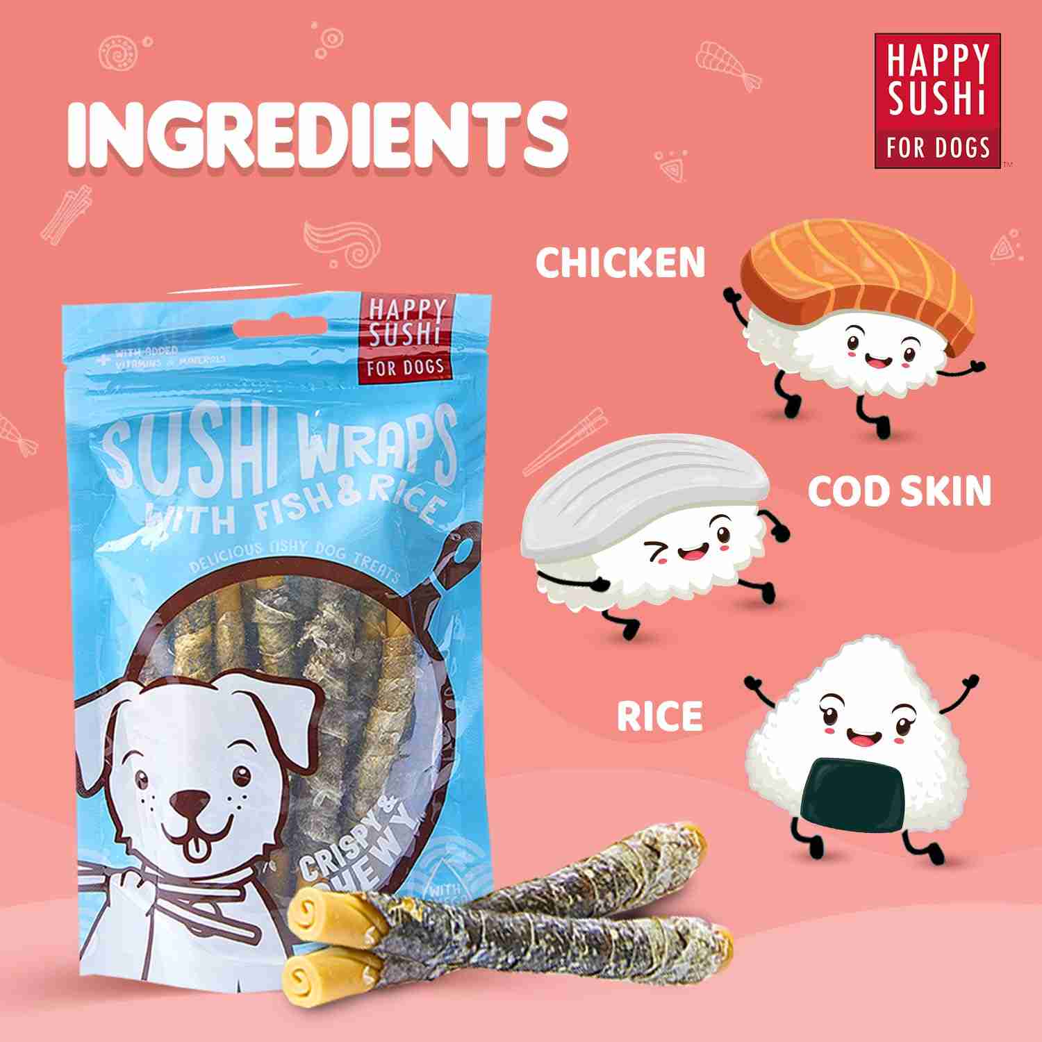 Imaginelles Happy Sushi Meaty Sushi Sticks with Fish & Rice, Dog Treats - 12 Pieces