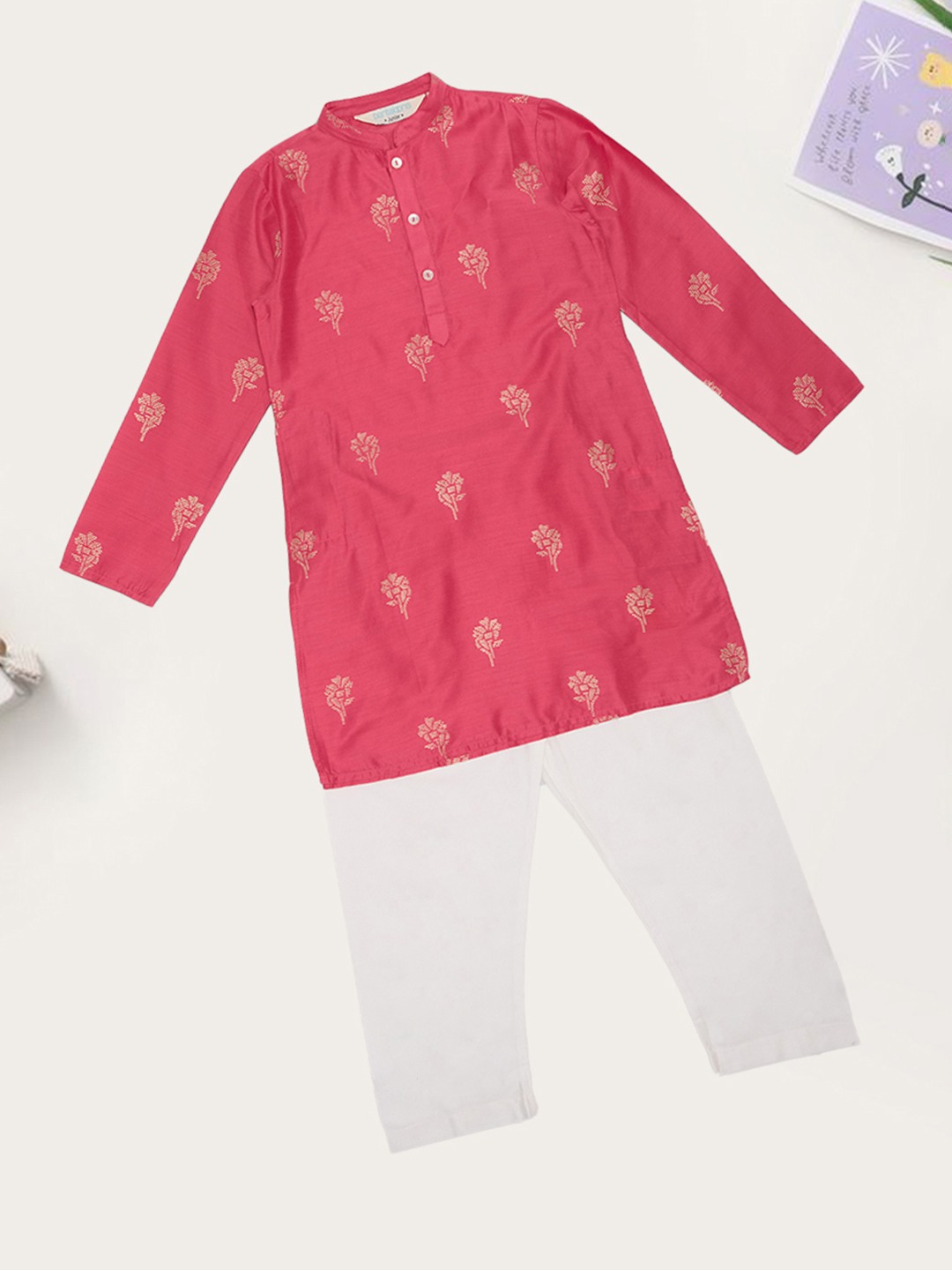 Pink Foil Print Kurta & White Pants Set