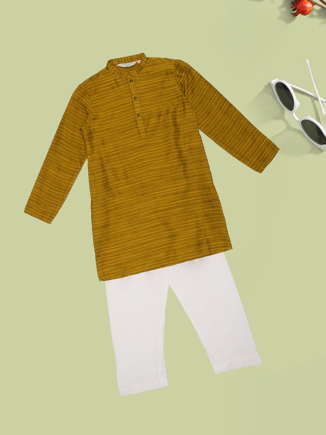 Mustard Geometric Pattern Kurta & White Pants Set