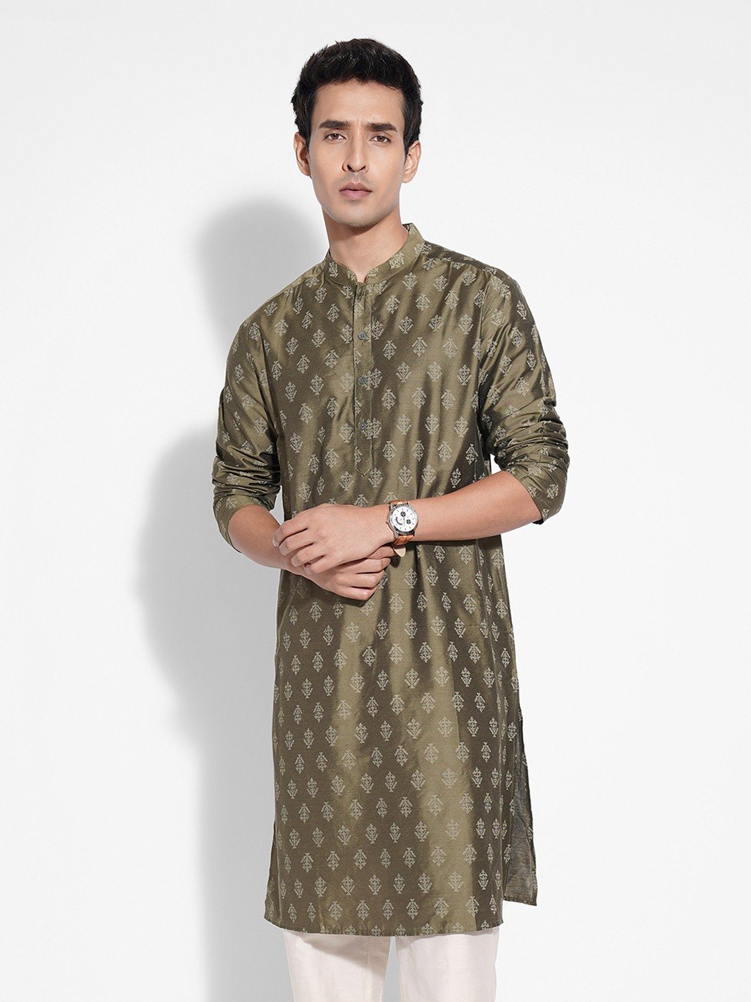 Olive Two Tone Motif Print Long Kurta