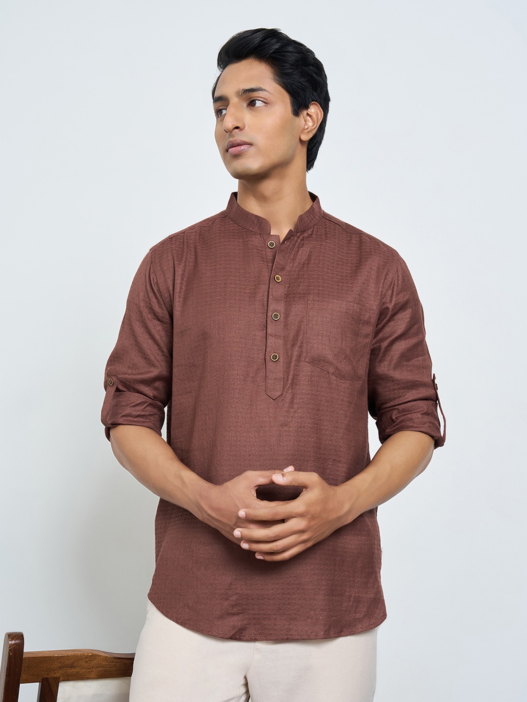 Rust Self-Pattern Short Kurta with Turn-up Sleeves