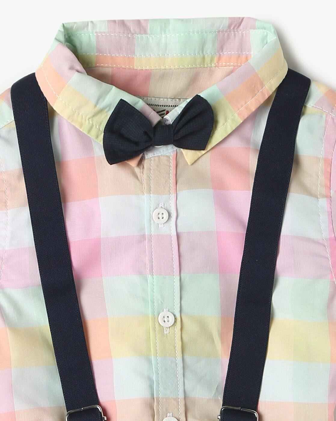 INF FRENDZ | Boys Checked Shirt with Dungaree Set & Bow|5