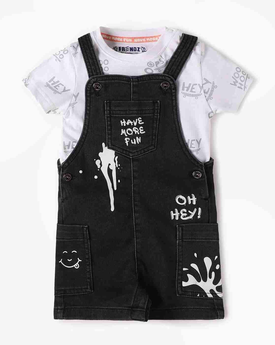 INF FRENDZ | Boys Typographic Print Regular Fit Dungaree with T-Shirt|0