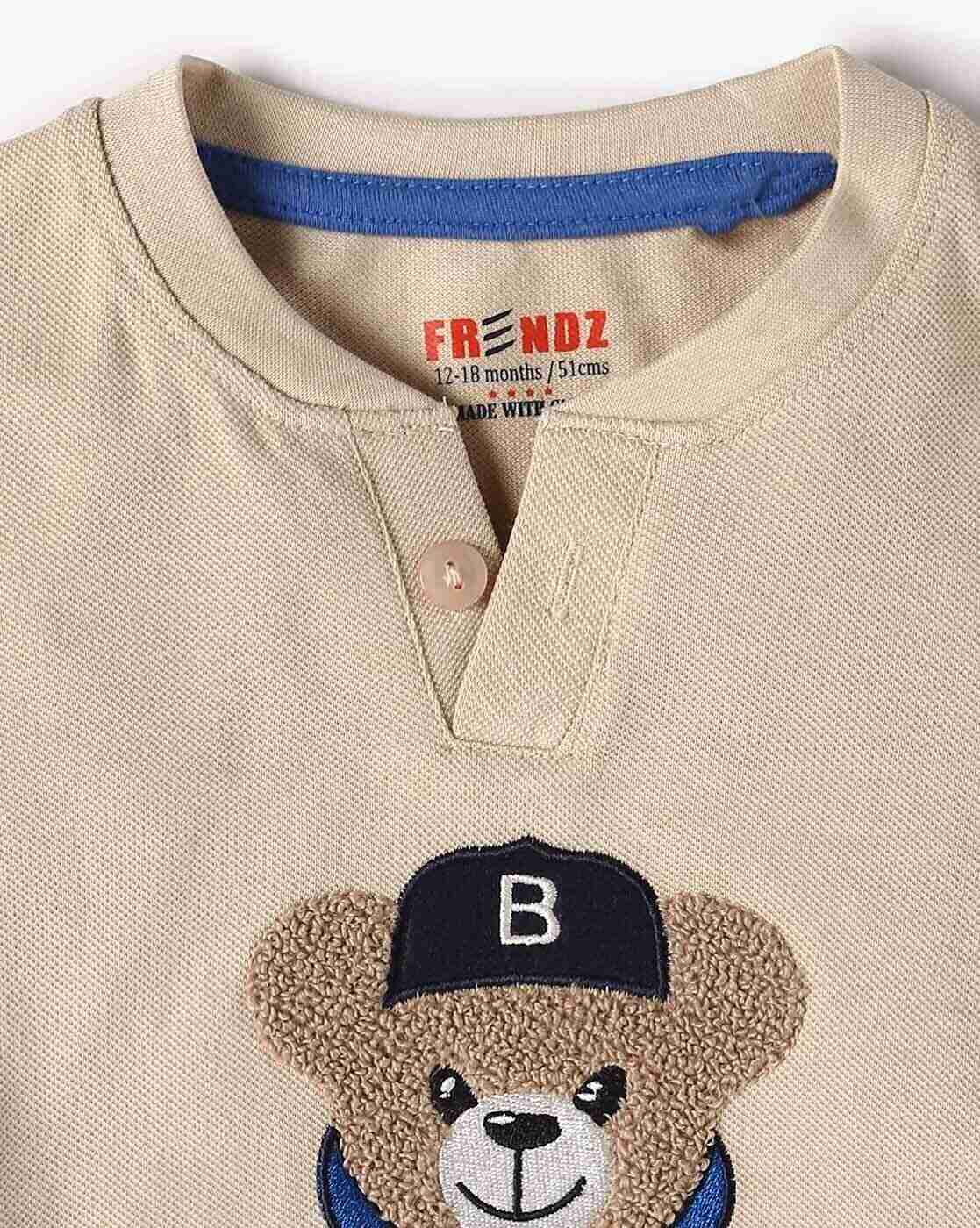 Boys Embroidered Regular Fit Henley T-Shirt - INF FRENDZ Beige