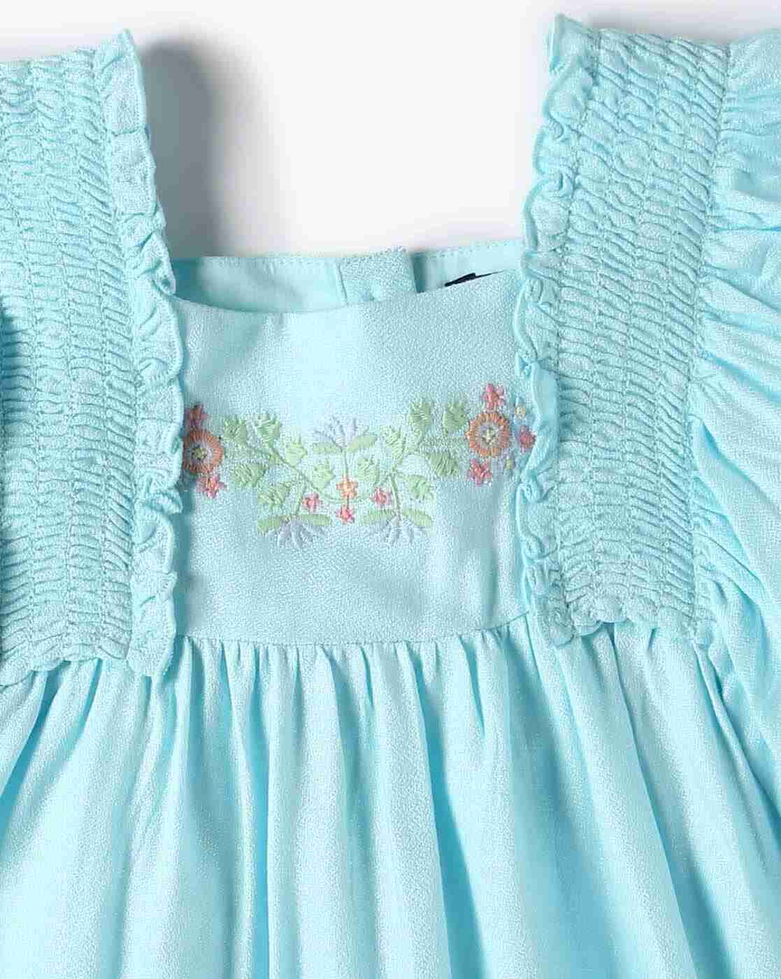 Girls Floral Embroidered Flared Top - INF FRENDZ Aqua Blue