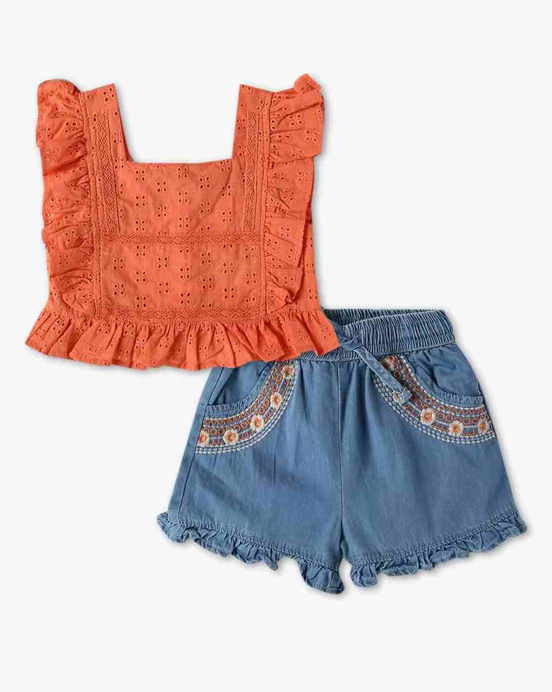 INF FRENDZ | Girls Embroidered Regular Fit Top with Shorts|0