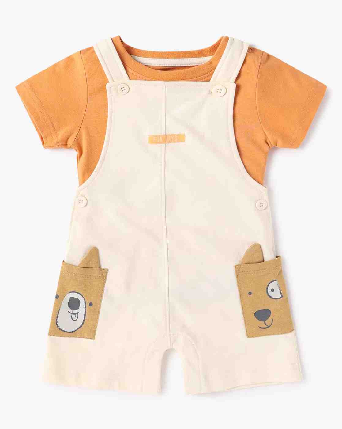 Boys Cotton Square-Neck Dungaree with T-Shirt Set