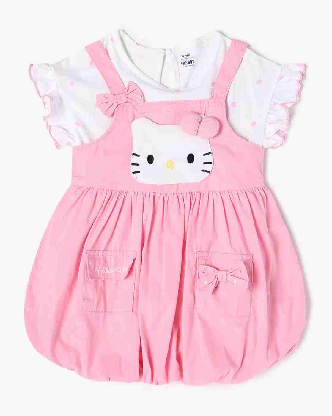 INF FRENDZ | Infant Girls Hello Kitty Applique Dungaree with T-Shirt Set|0