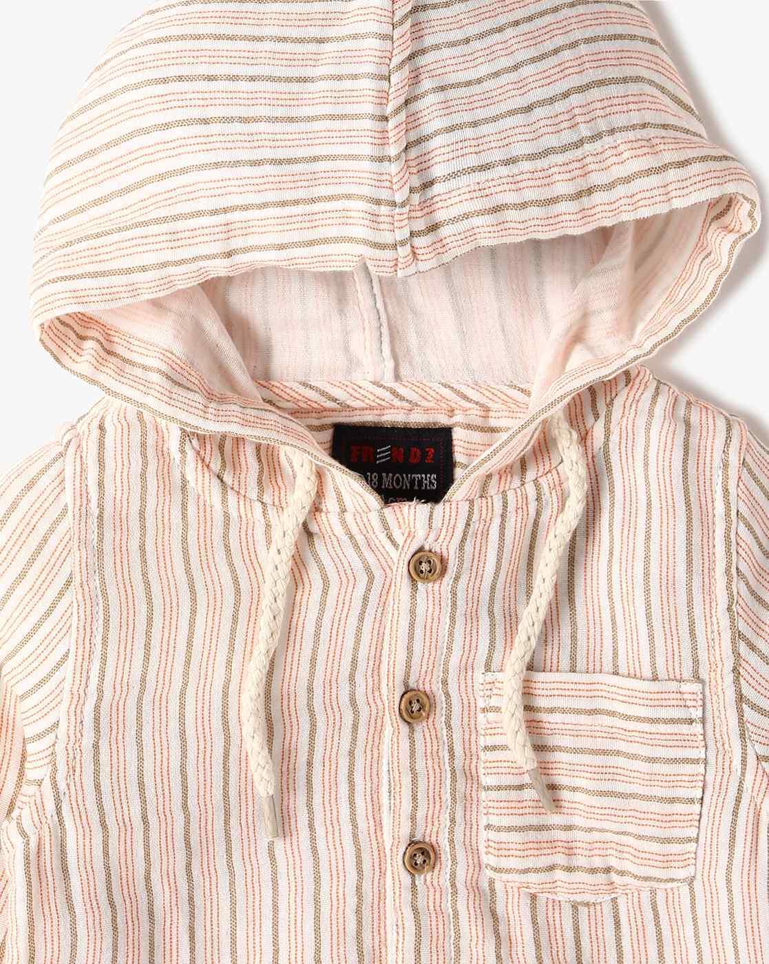 INF FRENDZ | Boys Striped Tailored Fit Hooded Shirt with Patch Pocket|2