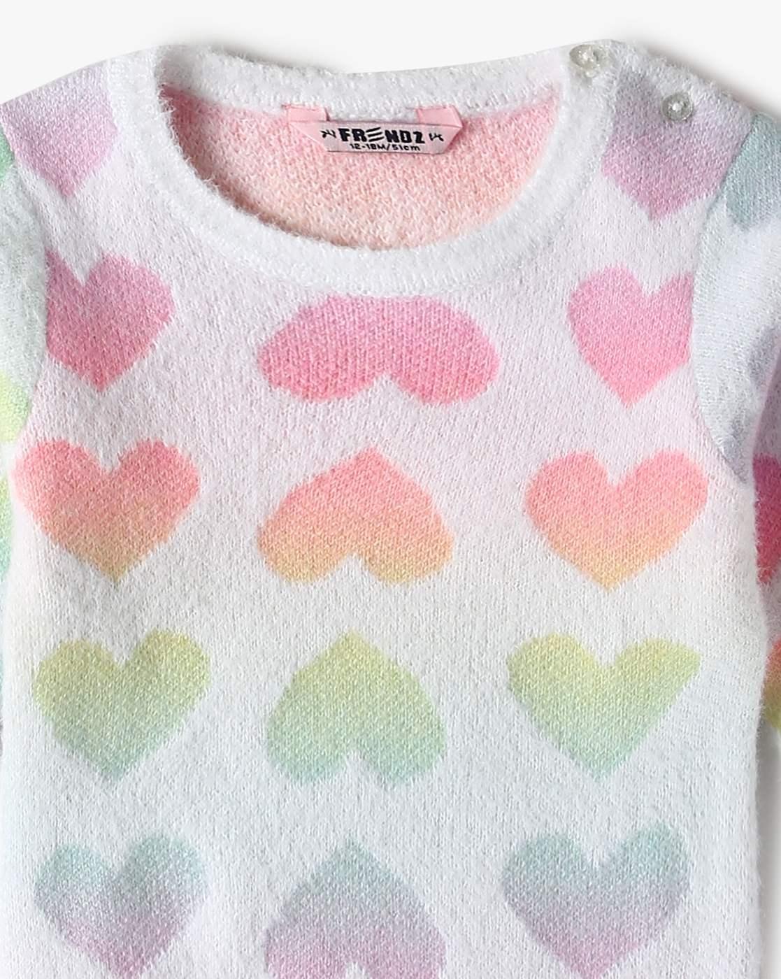 INF FRENDZ | Girls Heart Print Round-Neck Sweater|2