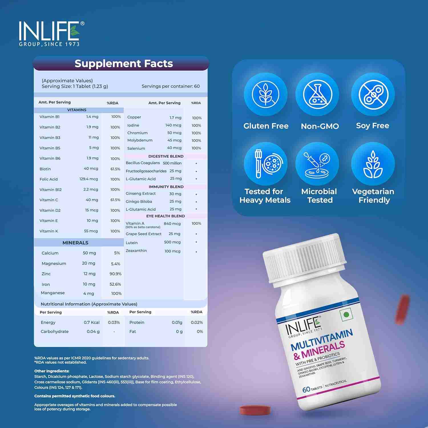Inlife | Multivitamin Tablets | For Men & Women with Ginseng & Prebiotic Probiotic | 60 Tab