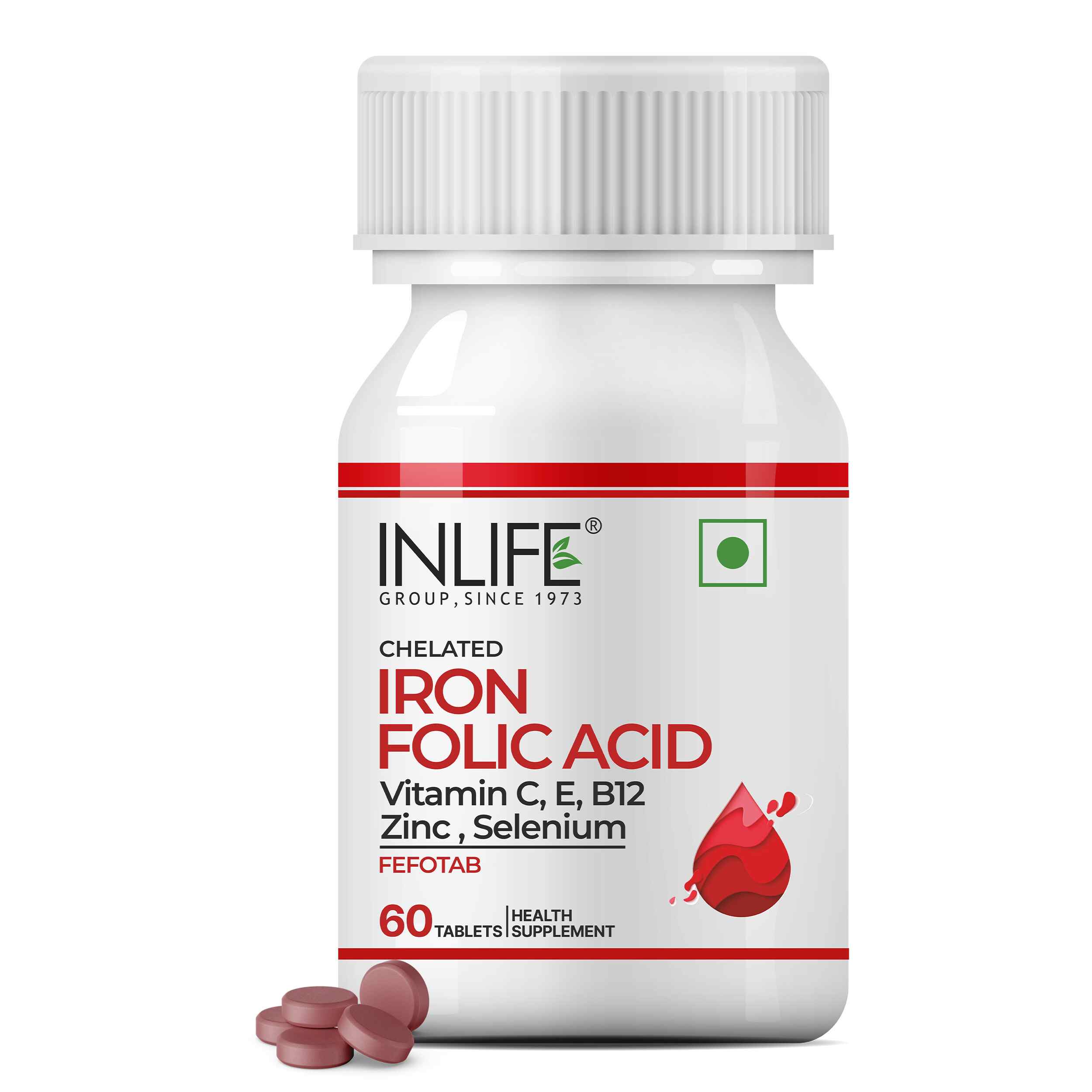 Inlife | Chelated Iron Ferrous Bisglycinate | Folic Acid Vitamin B12 Zinc C & E Selenium | Hemoglobin Support | Women Men | 60 Tab