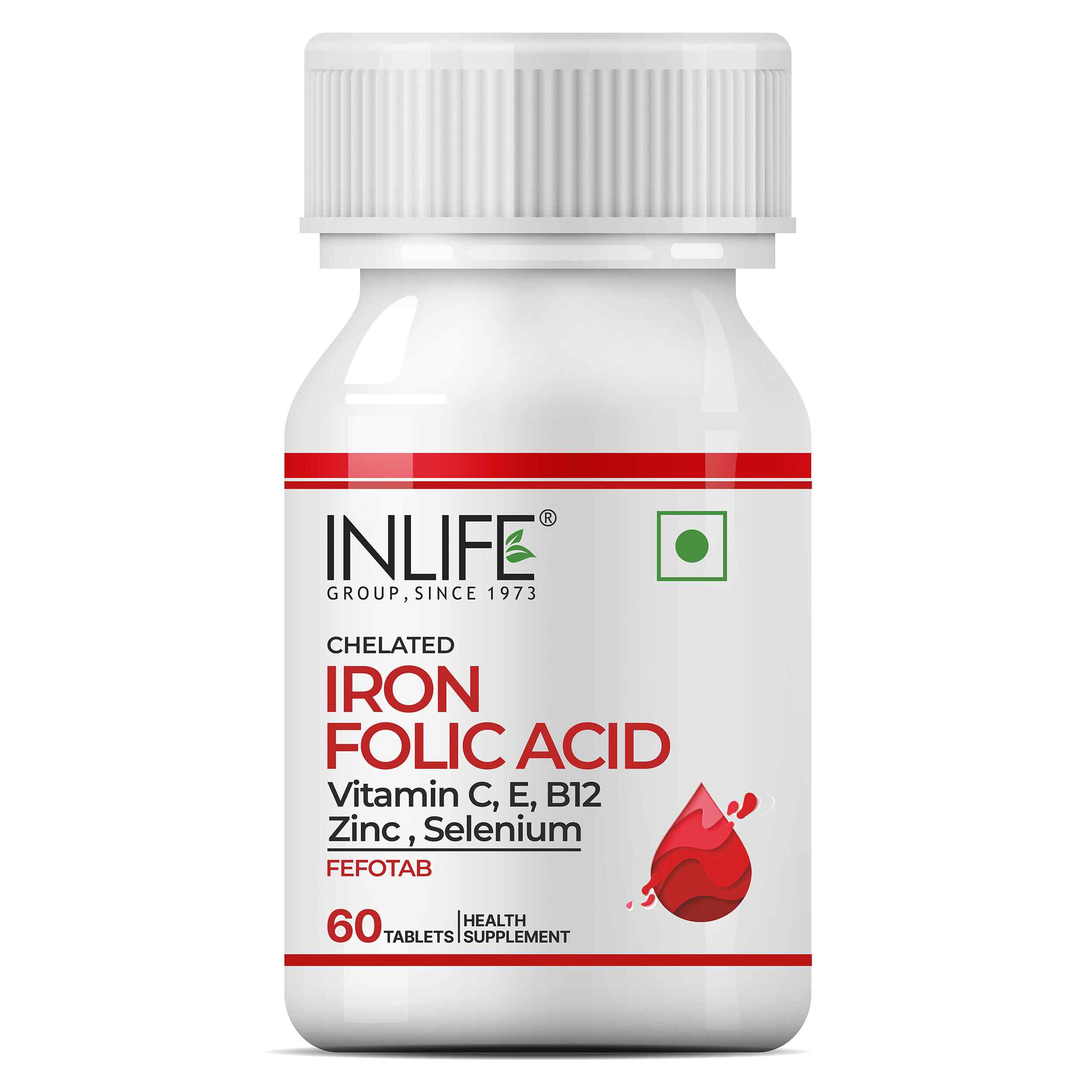 Inlife | Chelated Iron Ferrous Bisglycinate | Folic Acid Vitamin B12 Zinc C & E Selenium | Hemoglobin Support | Women Men | 60 Tab