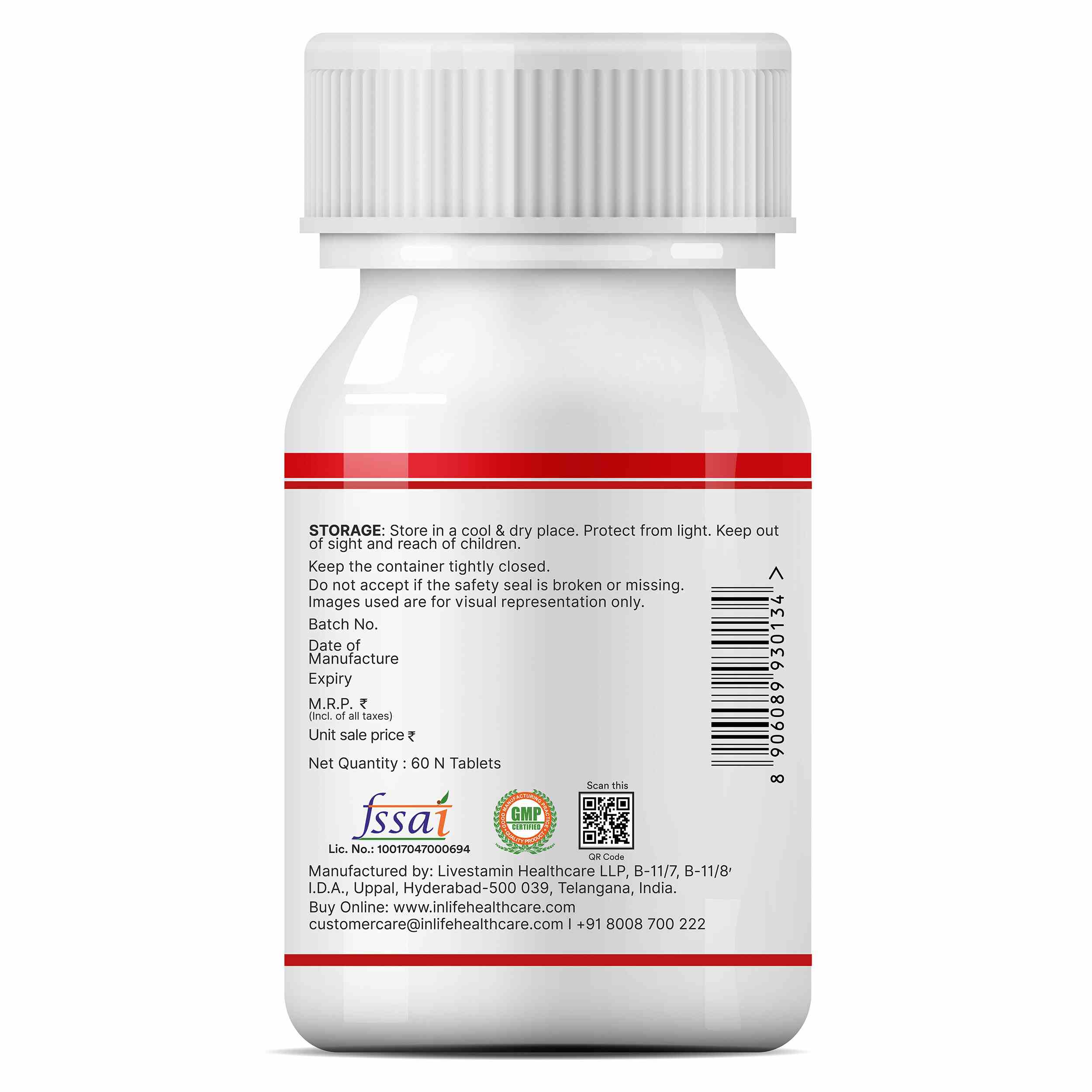 Inlife | Chelated Iron Ferrous Bisglycinate | Folic Acid Vitamin B12 Zinc C & E Selenium | Hemoglobin Support | Women Men | 60 Tab