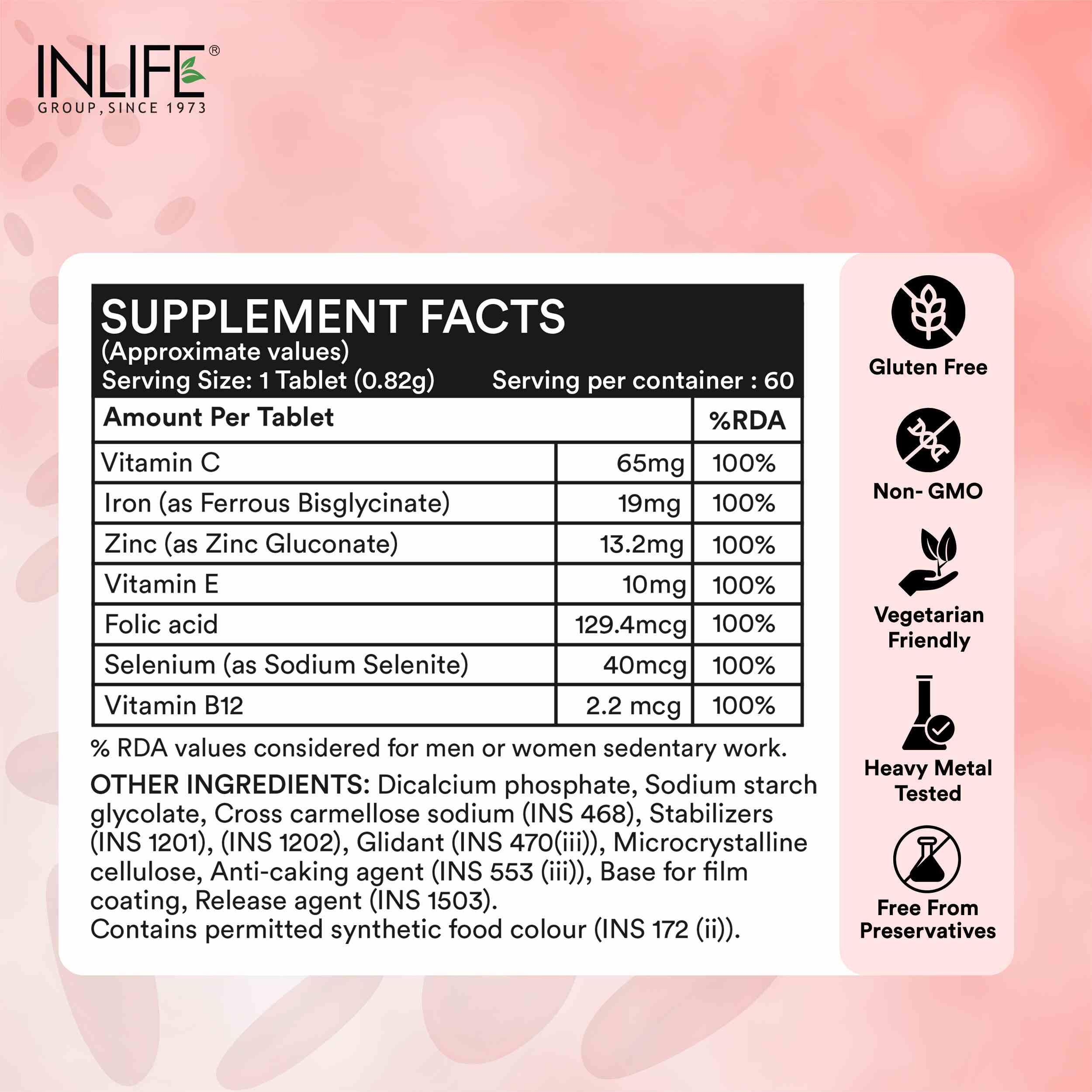 Inlife | Chelated Iron Ferrous Bisglycinate | Folic Acid Vitamin B12 Zinc C & E Selenium | Hemoglobin Support | Women Men | 60 Tab