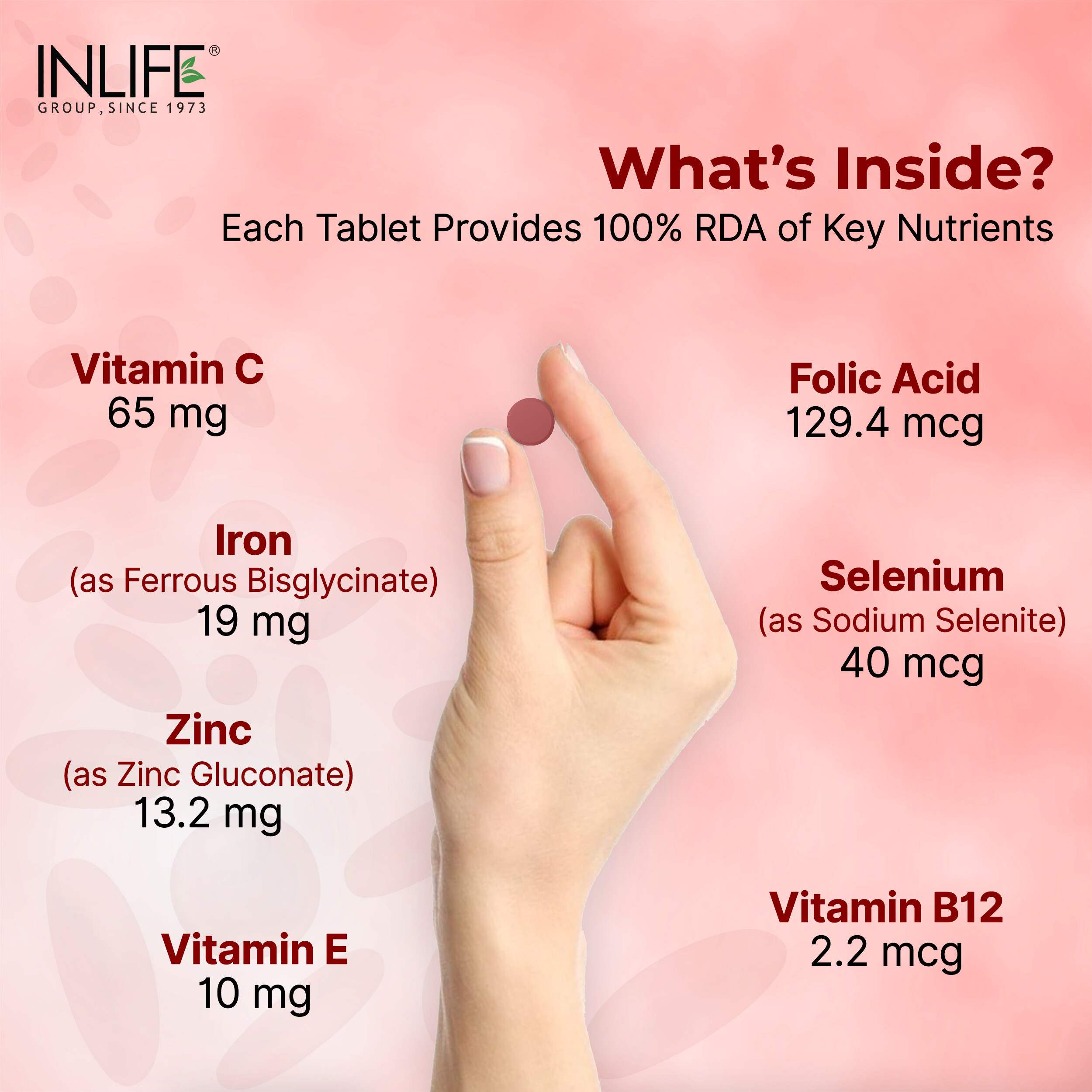 Inlife | Chelated Iron Ferrous Bisglycinate | Folic Acid Vitamin B12 Zinc C & E Selenium | Hemoglobin Support | Women Men | 60 Tab