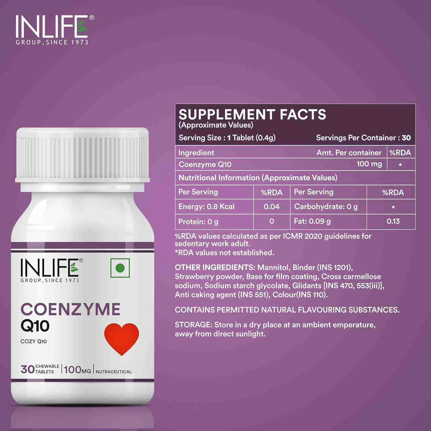 Inlife | Coenzyme Q10 100mg | CoQ10 Ubiquinone Supplement for Energy Management | 30 Chewable Tab