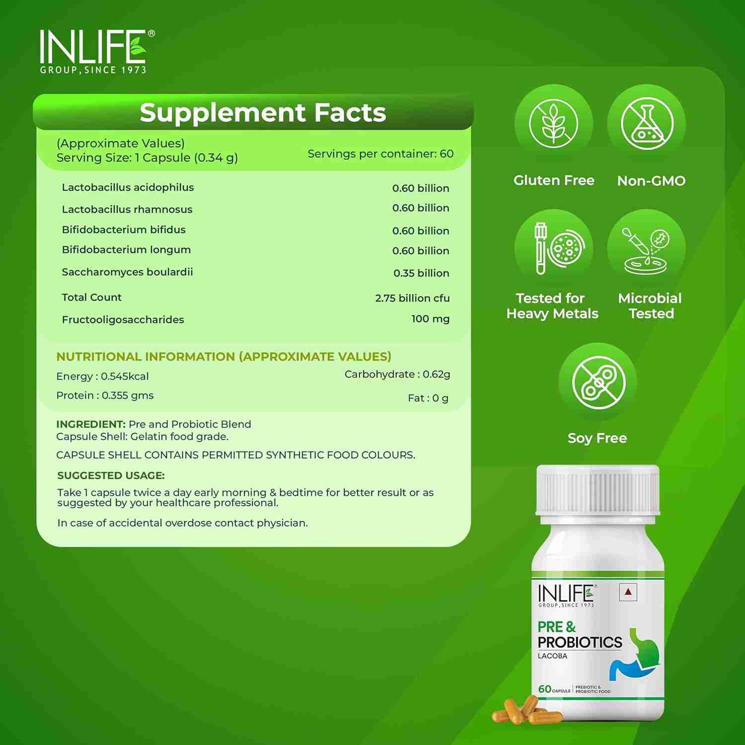 Inlife | Prebiotic and Probiotic Supplement for Gut Health | 60 Cap