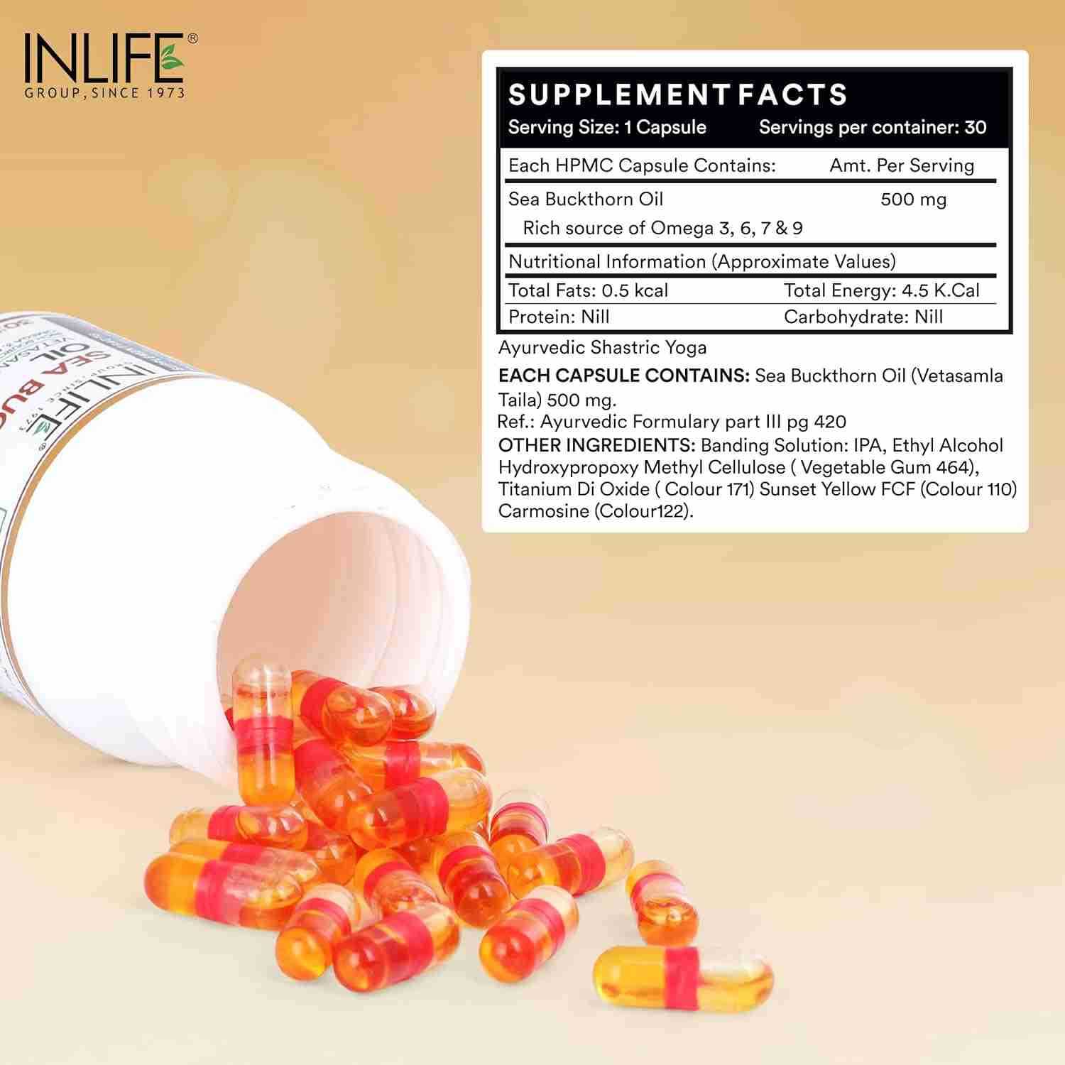 Inlife | Sea Buckthorn Oil Capsules 500mg | Omega 3 6 7 9 Supplement for Skin and Overall Wellness | 30 Liquid Filled Veg Cap
