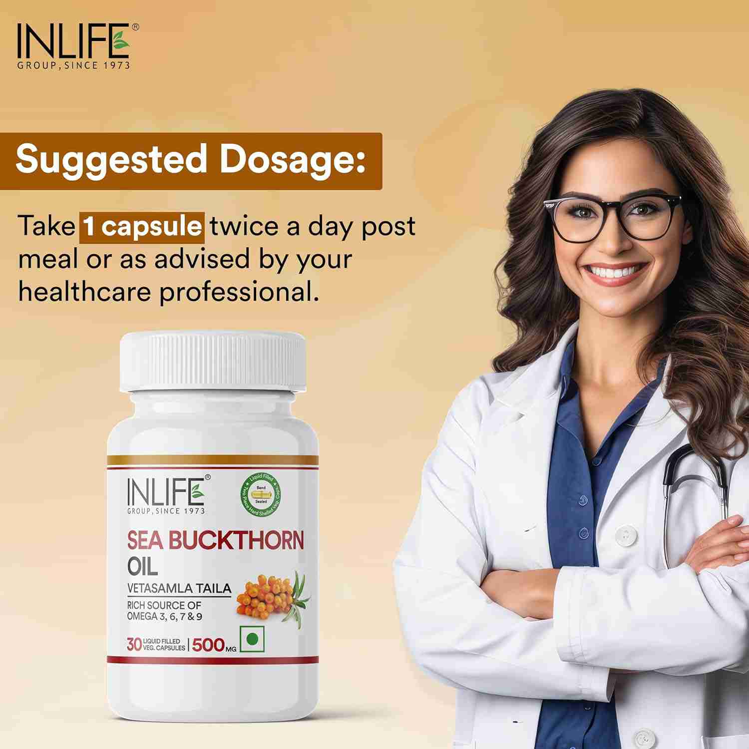 Inlife | Sea Buckthorn Oil Capsules 500mg | Omega 3 6 7 9 Supplement for Skin and Overall Wellness | 30 Liquid Filled Veg Cap