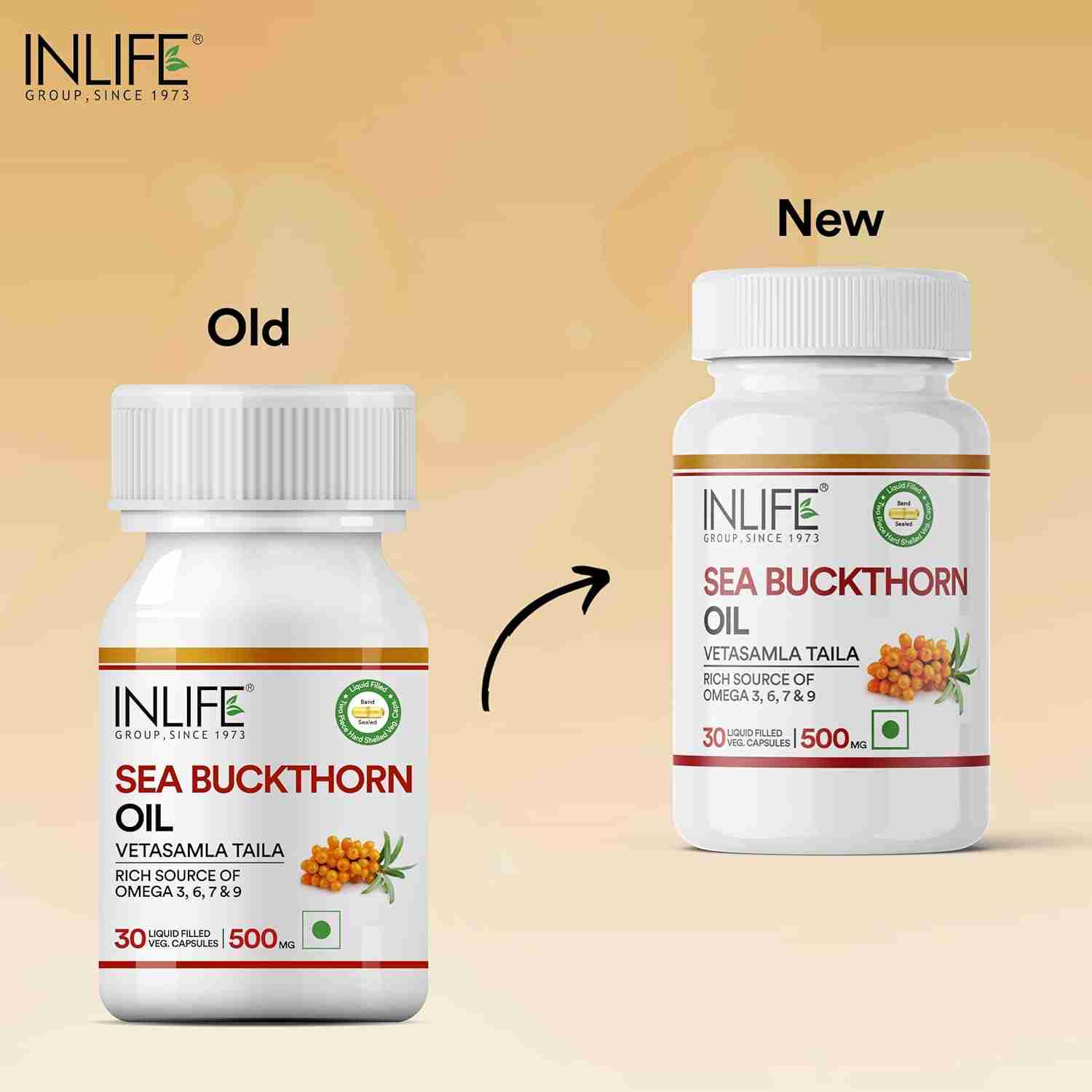 Inlife | Sea Buckthorn Oil Capsules 500mg | Omega 3 6 7 9 Supplement for Skin and Overall Wellness | 30 Liquid Filled Veg Cap