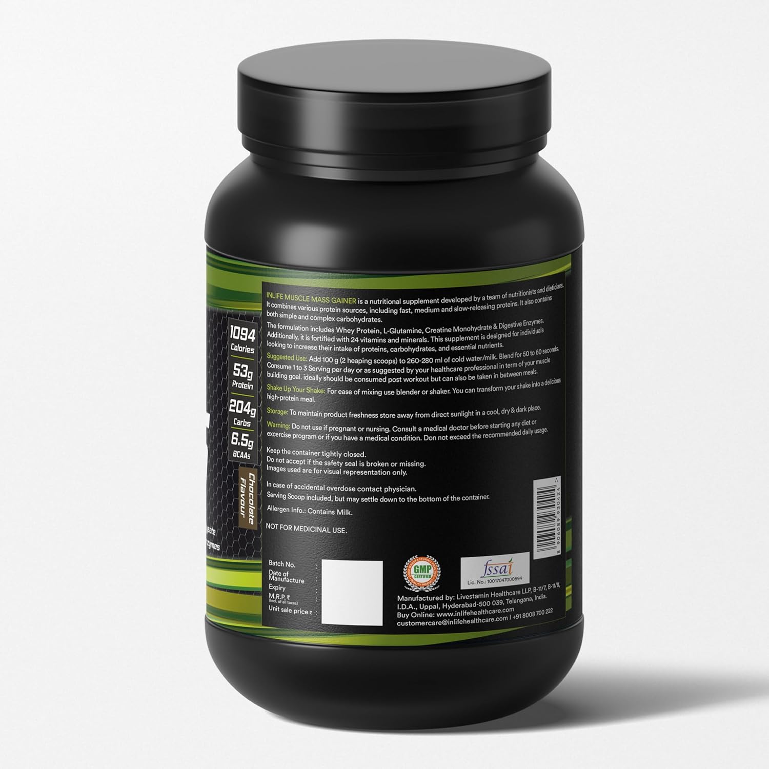 Inlife | Muscle Mass Gainer With Whey Protein Powder | Body Building Supplement | Chocolate | 1kg