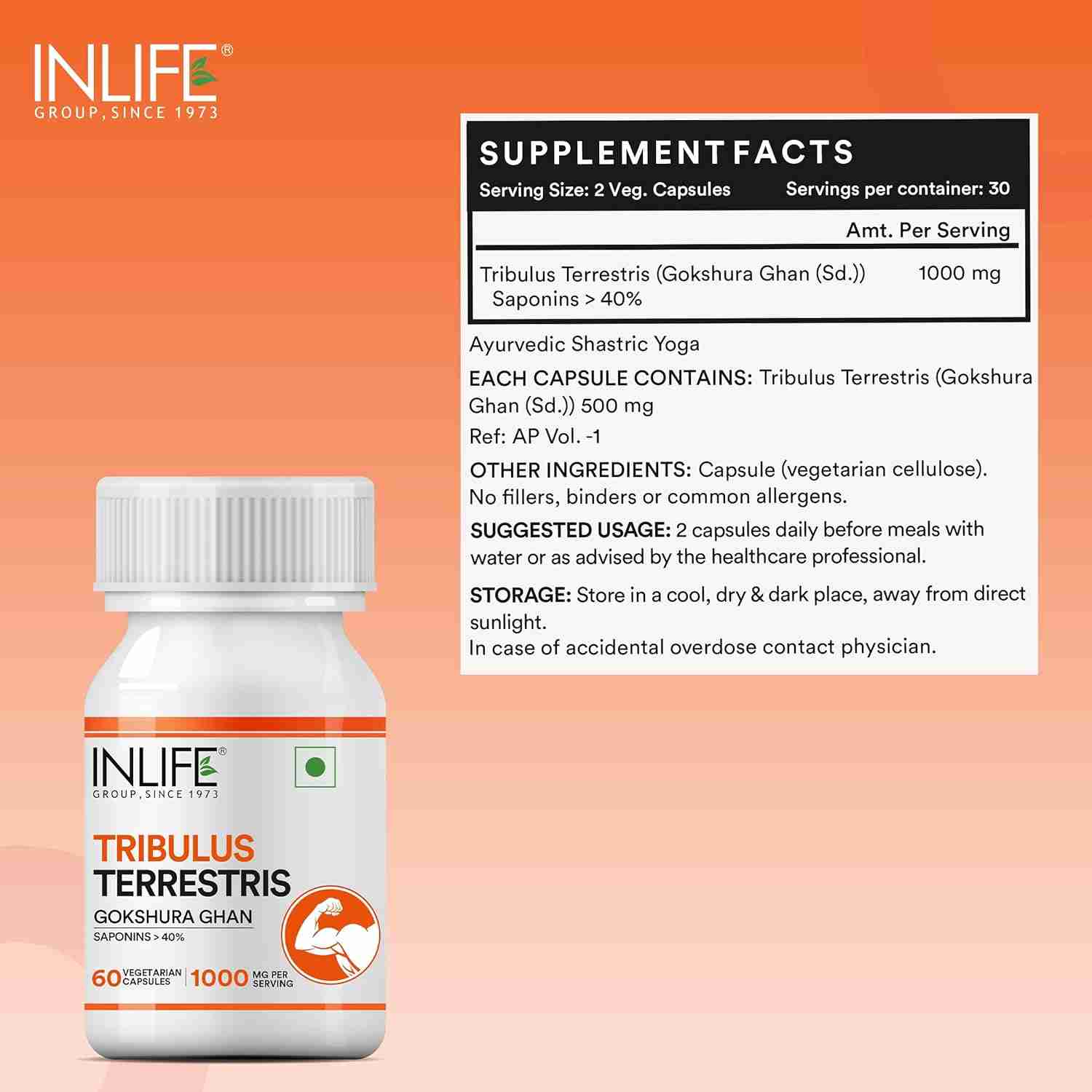 Inlife | Tribulus Terrestris For Men | Gokshura with Saponins 40%, 1000mg per serving | 60 Veg Cap