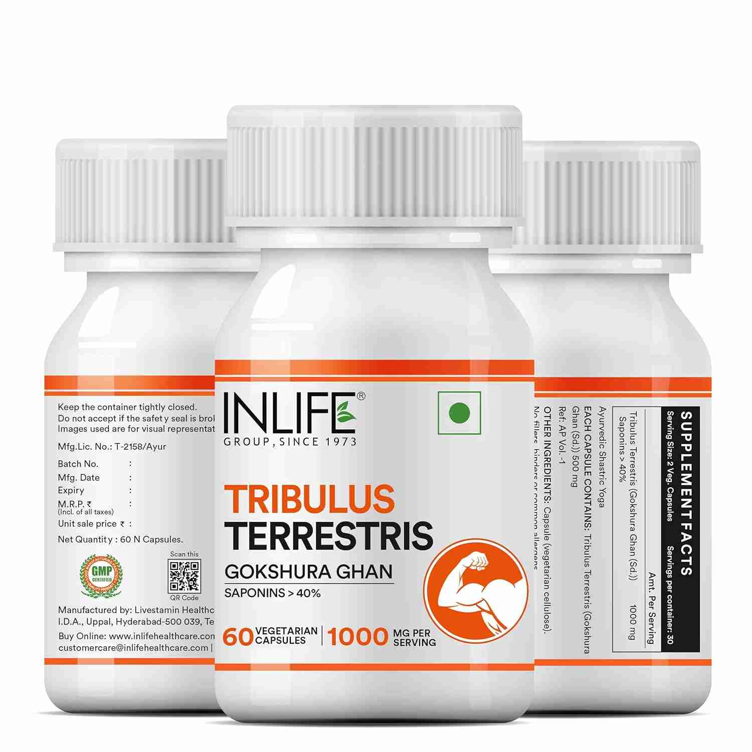 Inlife | Tribulus Terrestris For Men | Gokshura with Saponins 40%, 1000mg per serving | 60 Veg Cap
