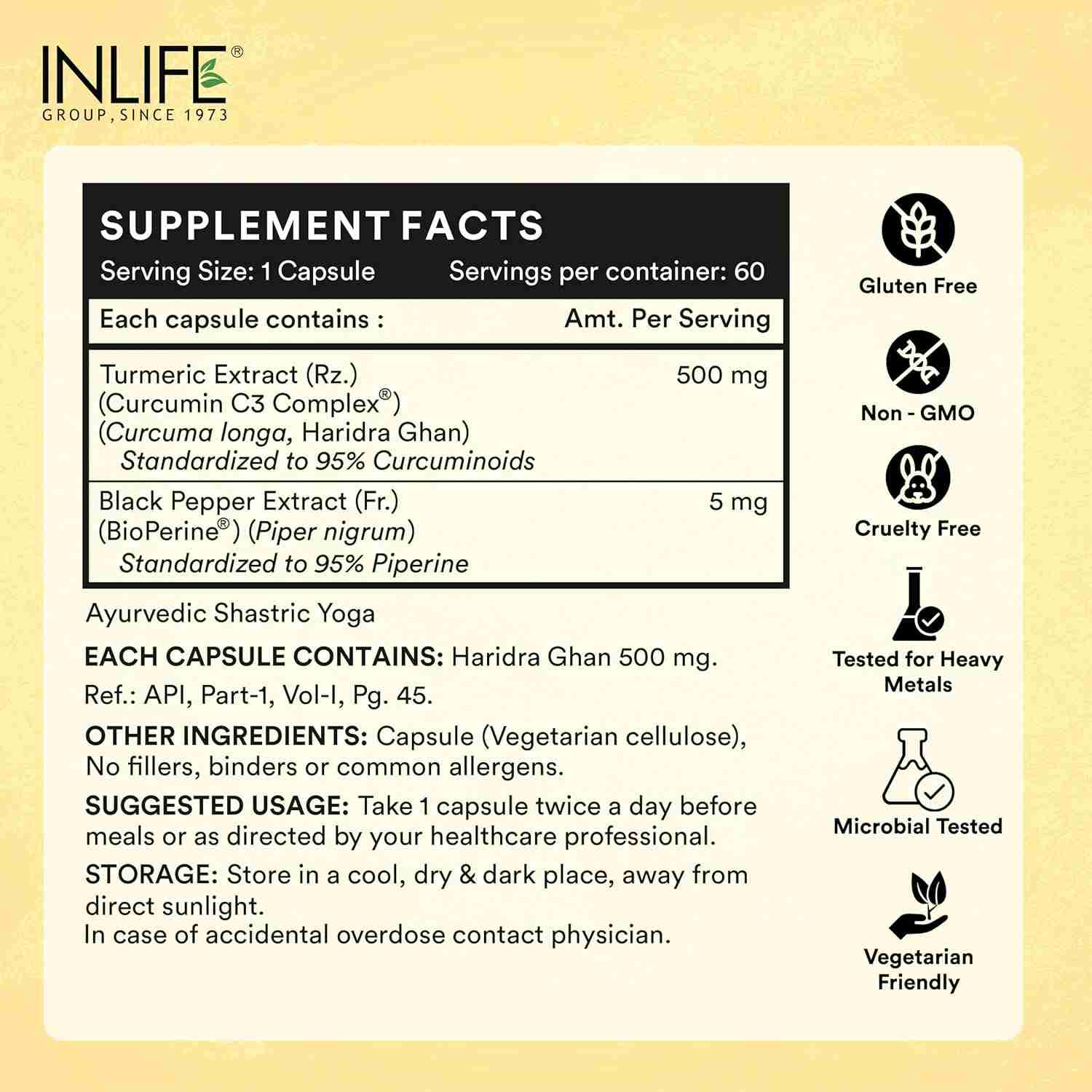 Inlife | Curcumin C3 Complex (95% Curcuminoids) 500 mg Turmeric with BioPerine (Piperine) Extract Supplement 5 mg | 60 Cap