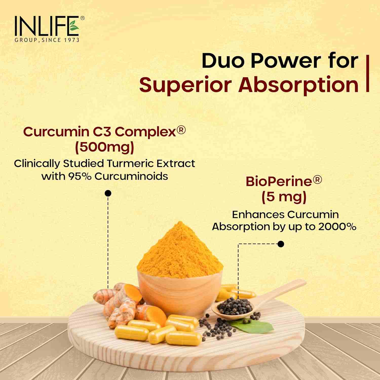 Inlife | Curcumin C3 Complex (95% Curcuminoids) 500 mg Turmeric with BioPerine (Piperine) Extract Supplement 5 mg | 60 Cap