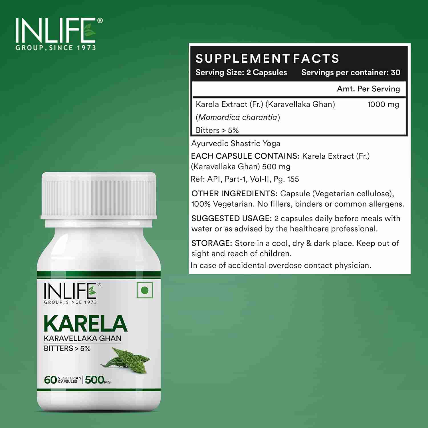 Inlife | Karela Capsules 500mg | Extract | Ayurvedic Herbal Supplement for Sugar Management | 60 Veg Cap