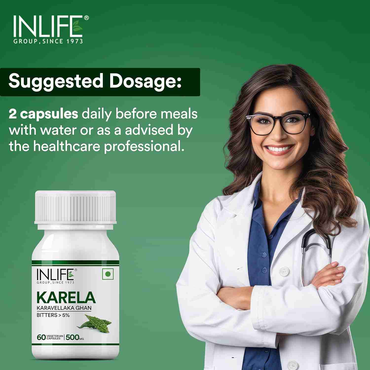 Inlife | Karela Capsules 500mg | Extract | Ayurvedic Herbal Supplement for Sugar Management | 60 Veg Cap