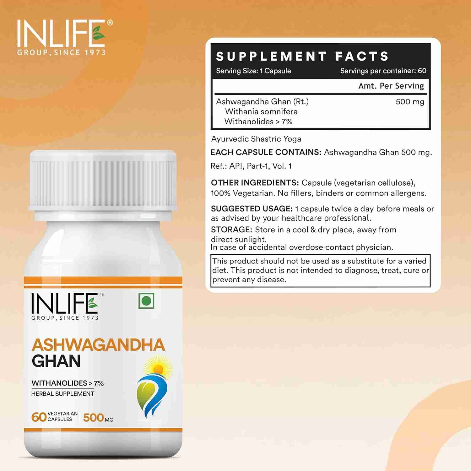 Inlife | Ashwagandha Extract (Withania Somnifera) Supplement | Immunity and General Wellness, 500mg | 60 Veg Cap