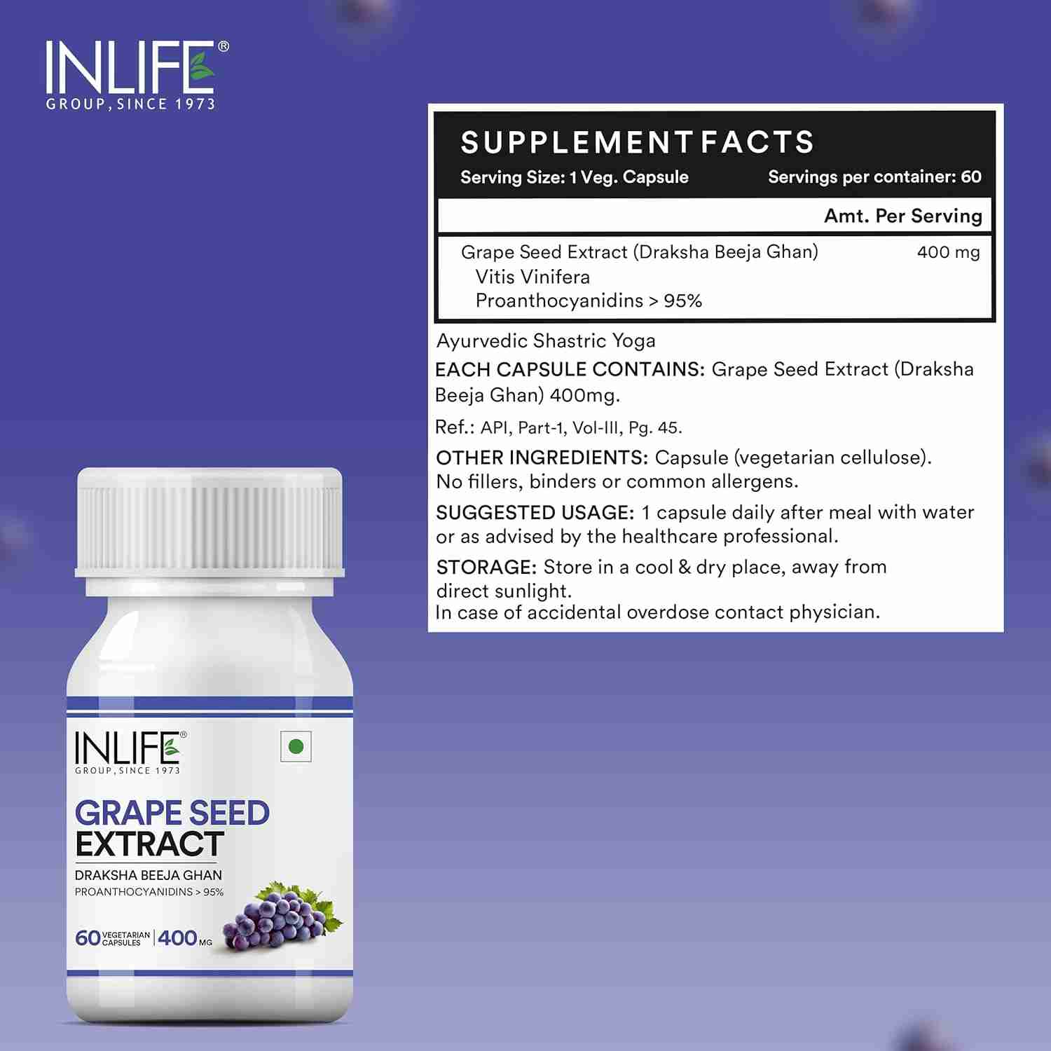 Inlife | Grape Seed Extract (Proanthocyanidins > 95%) Antioxidant, 400 mg | 120 Veg Cap
